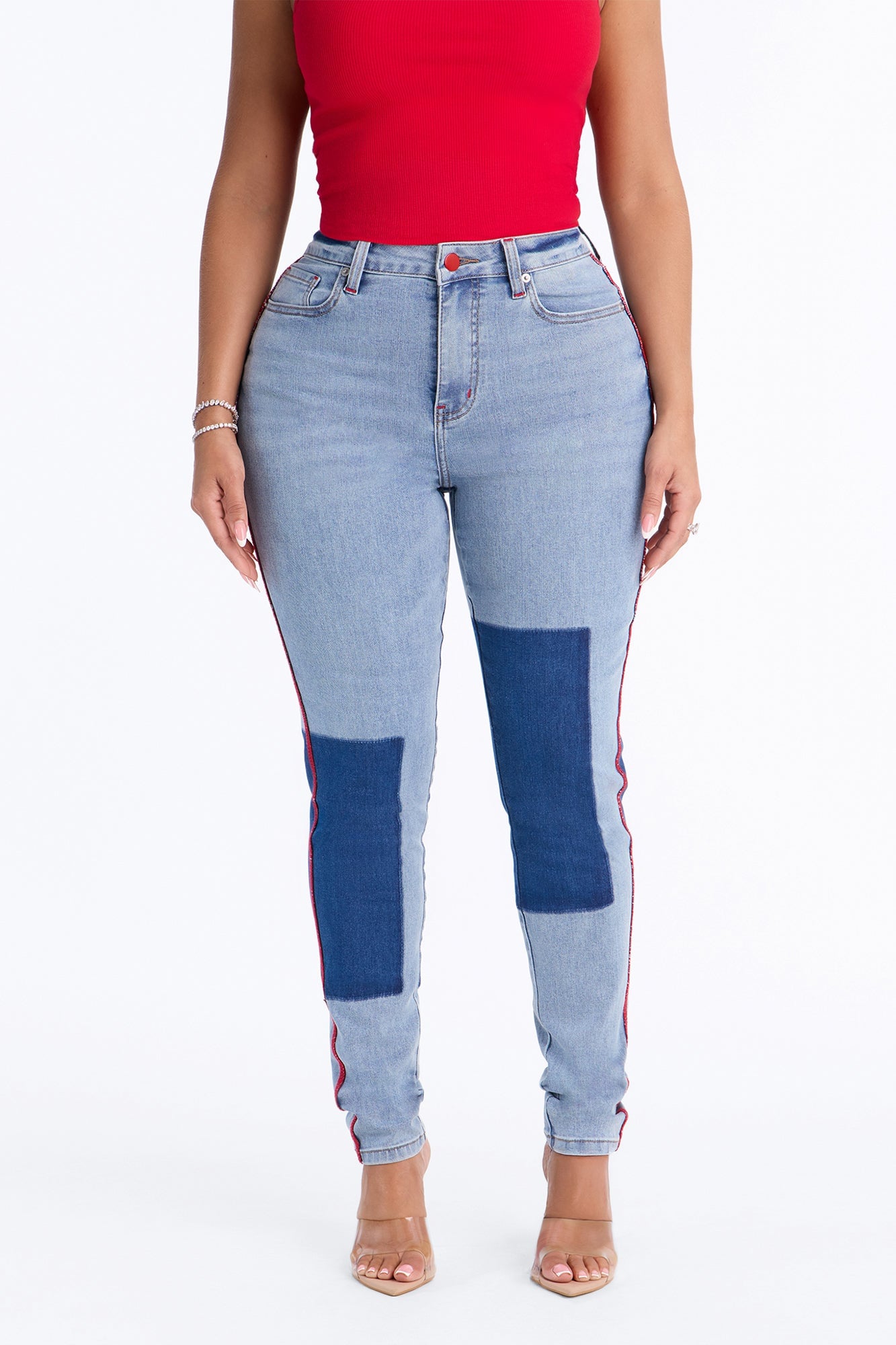 Fast Track Two Tone High Rise Skinny Jeans - Medium Wash image 6