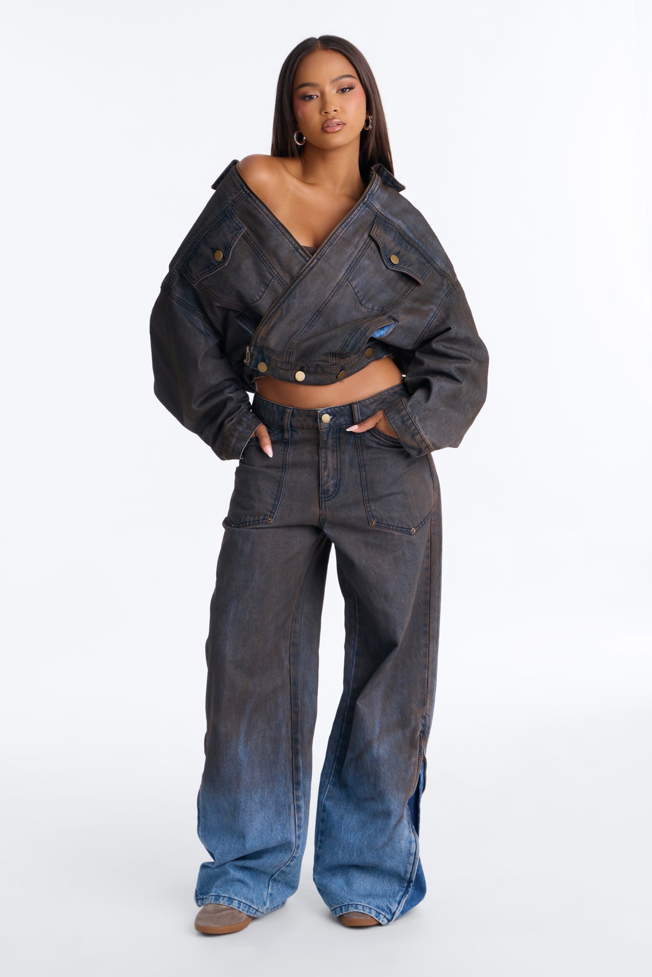 Sicily Coated Baggy Wide Leg Jeans - Brown image 2