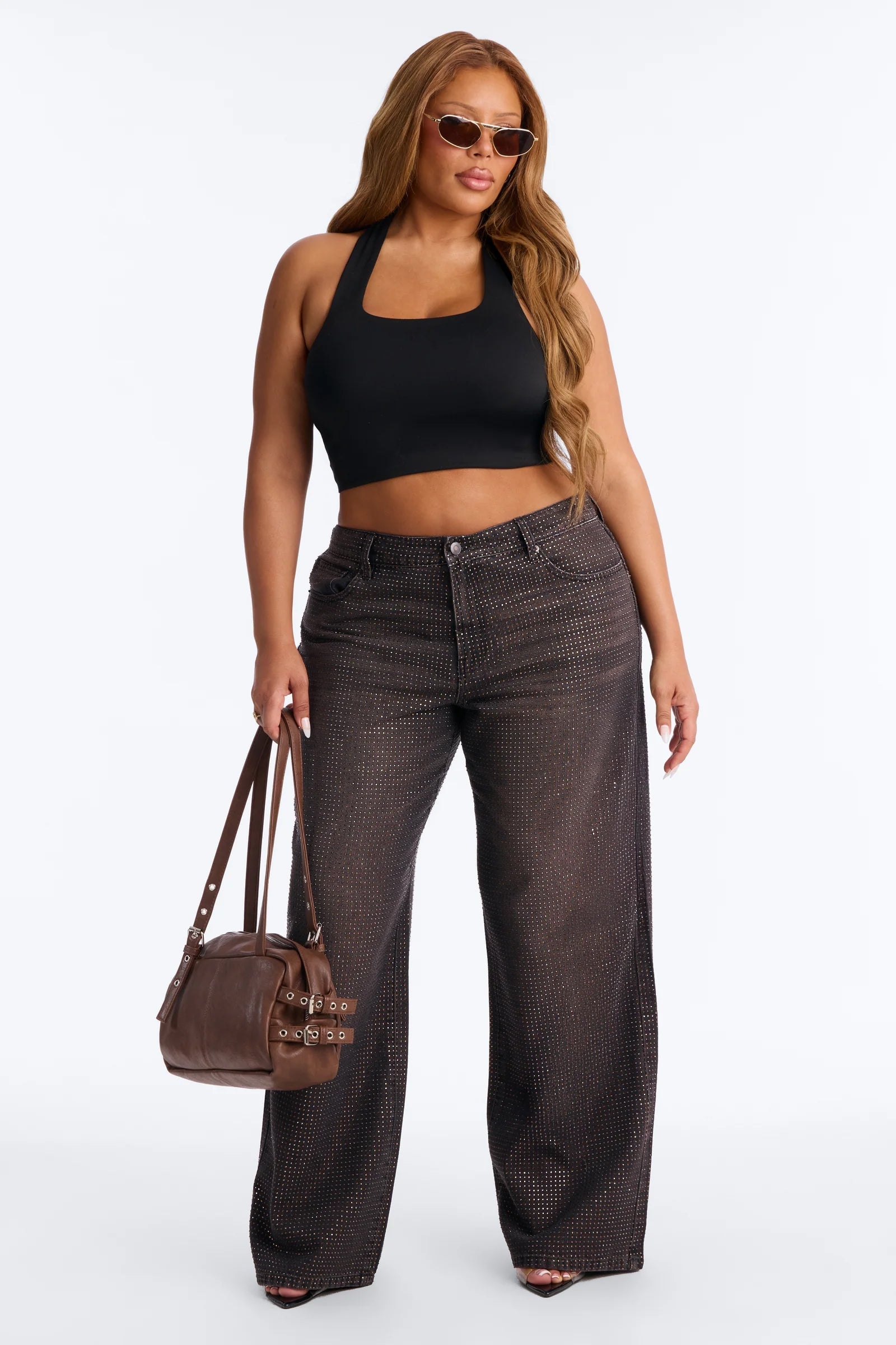 Show Up Rhinestone Embellished Wide Leg Jeans - Brown image 1