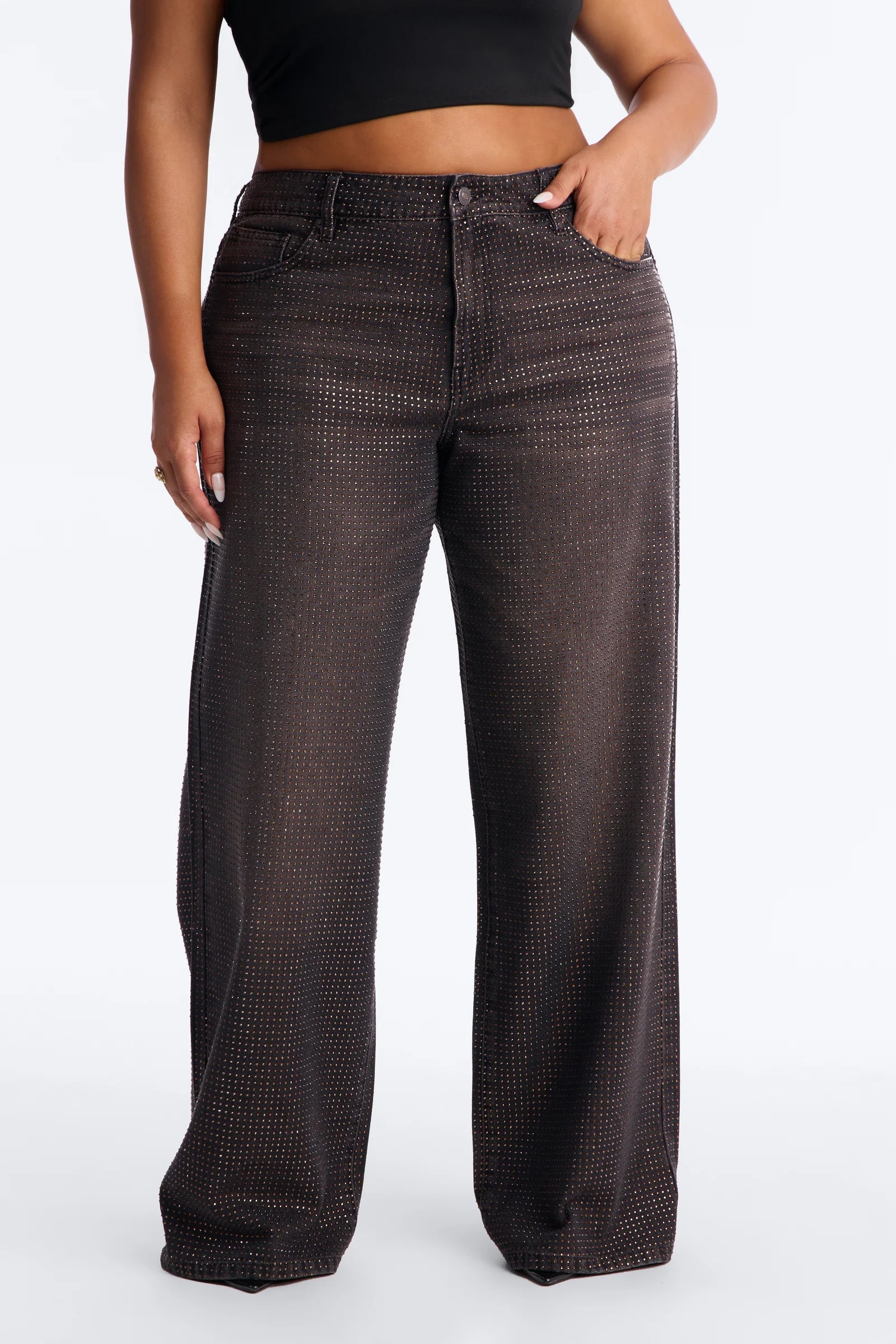 Show Up Rhinestone Embellished Wide Leg Jeans - Brown image 2