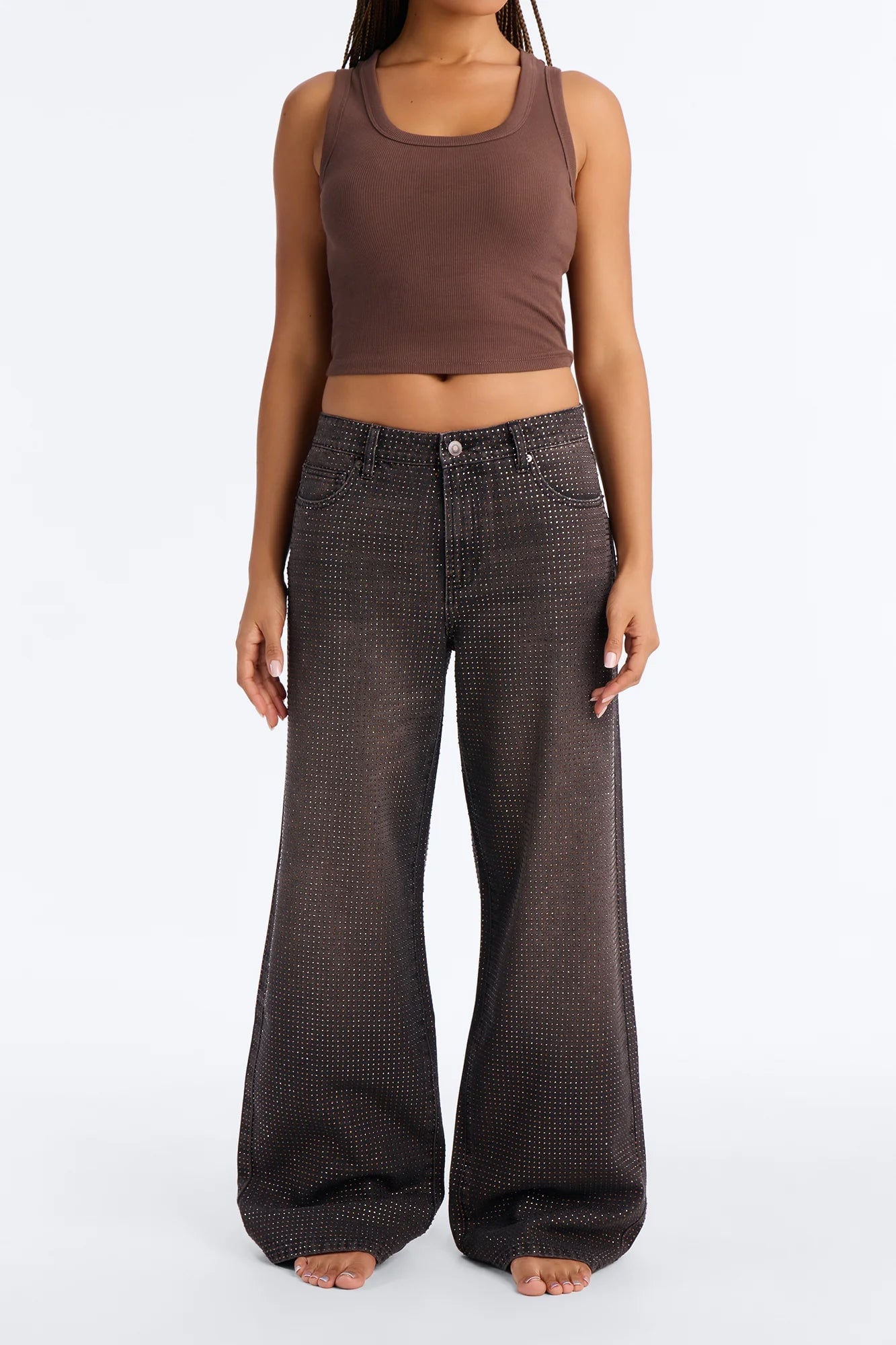 Show Up Rhinestone Embellished Wide Leg Jeans - Brown image 5