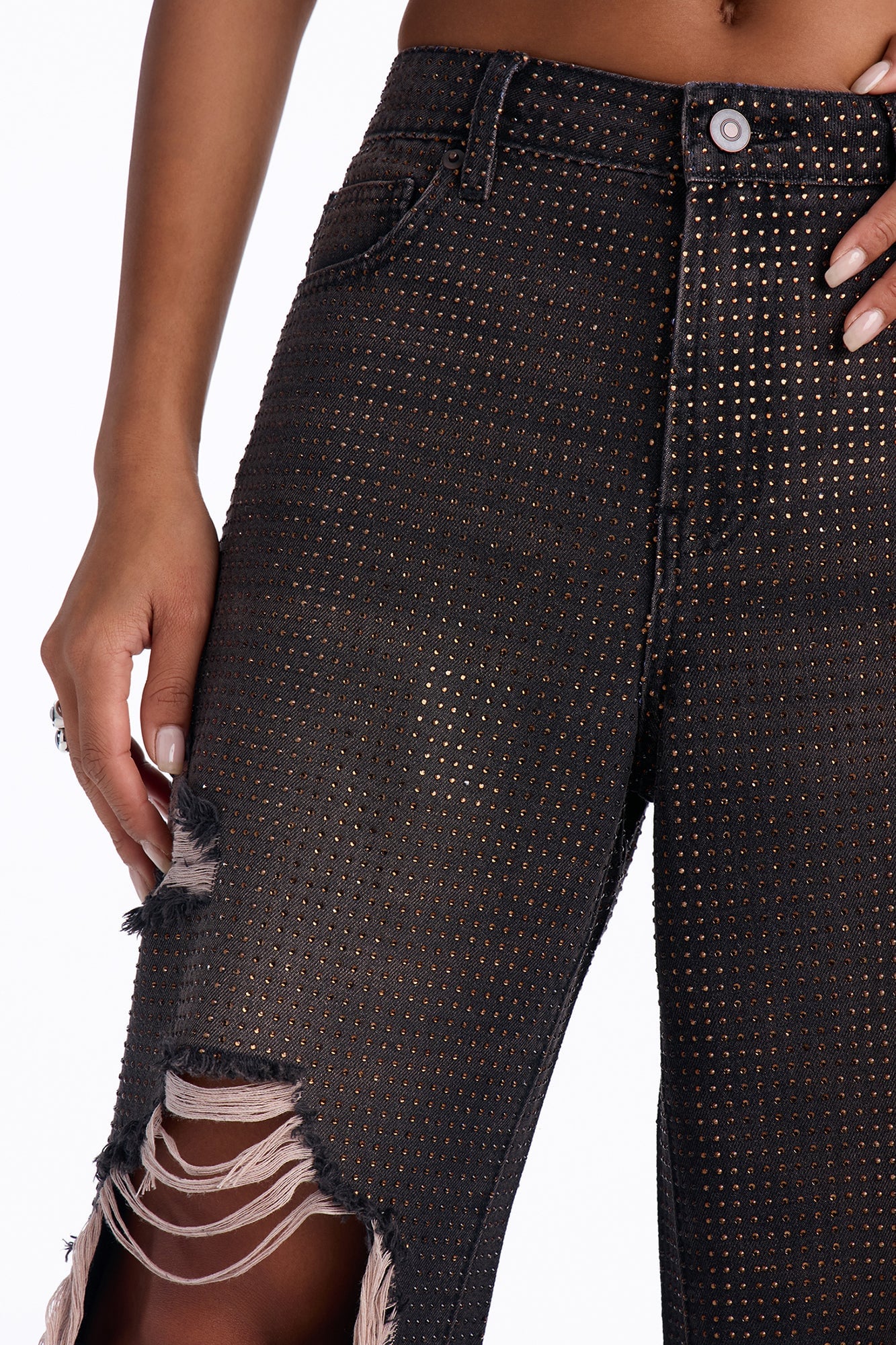 Show Off Rhinestone Embellished Ripped Wide Leg Jeans - Brown image 7
