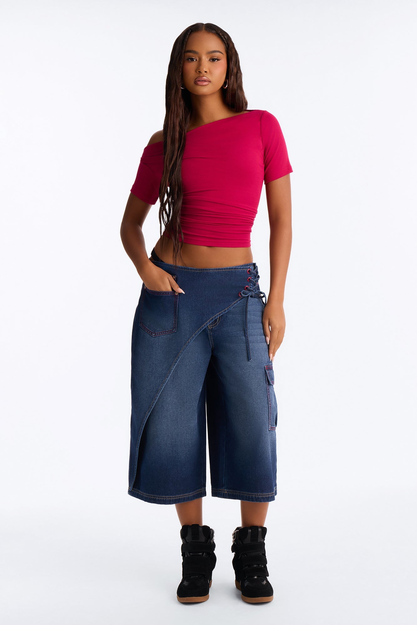 Left Unsaid Cargo Lace Up Overlay Culotte Jeans - Dark Wash image 6