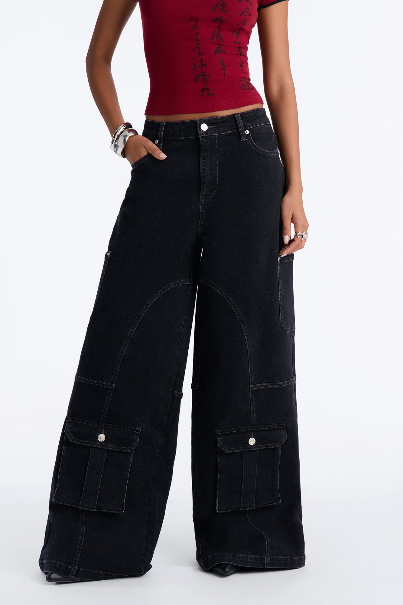 Hayley High Rise Stretch Cargo Wide Leg Jeans - Black image 6
