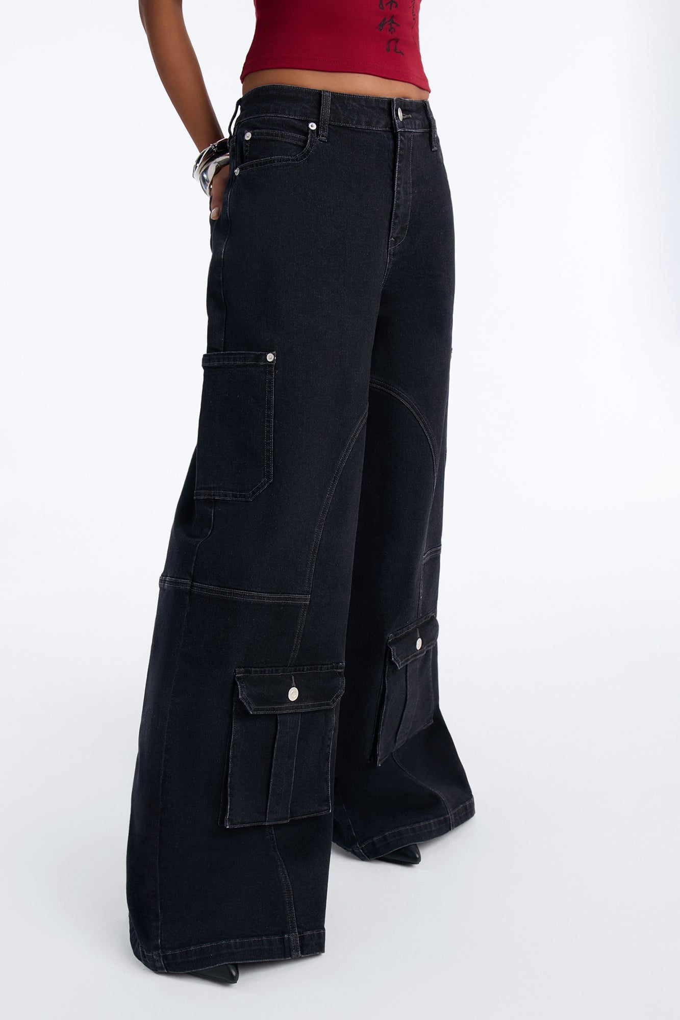 Hayley High Rise Stretch Cargo Wide Leg Jeans - Black image 7