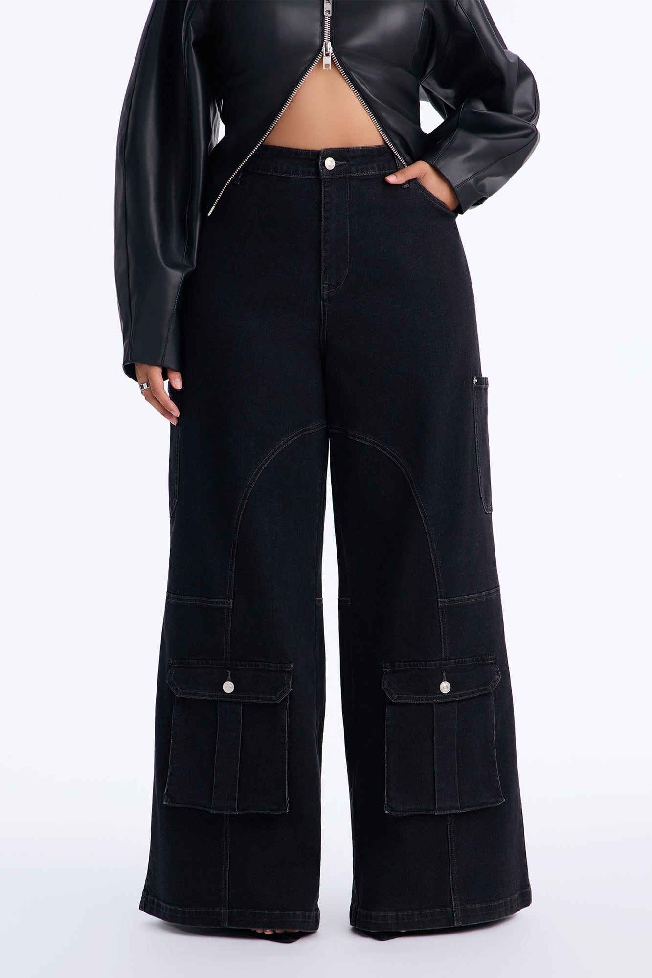Hayley High Rise Stretch Cargo Wide Leg Jeans - Black image 1