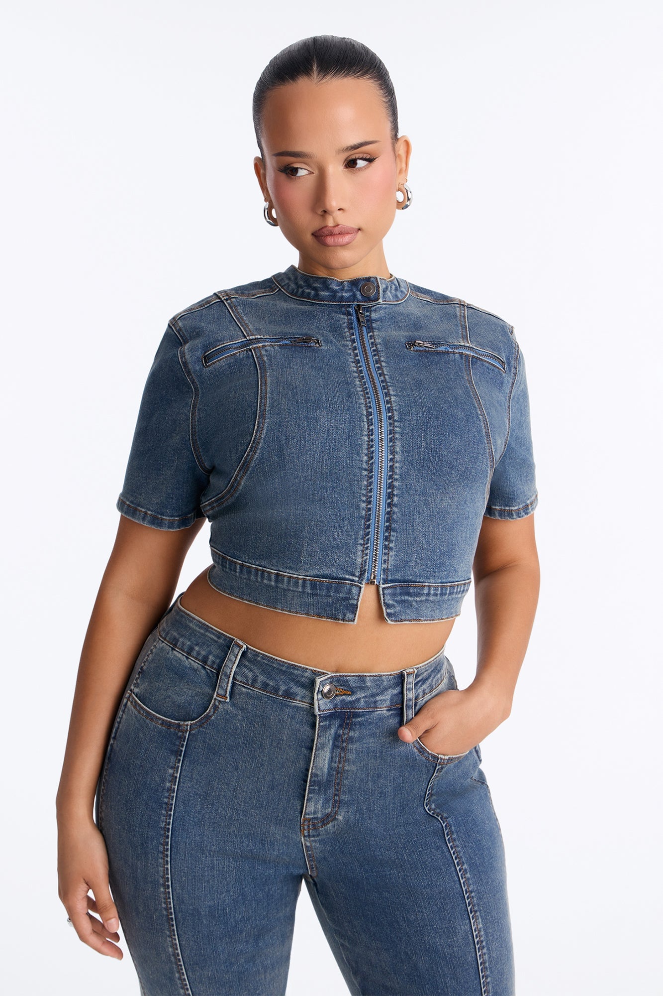 Downtown Days Short Sleeve Denim Pant Set - Medium Wash image 2
