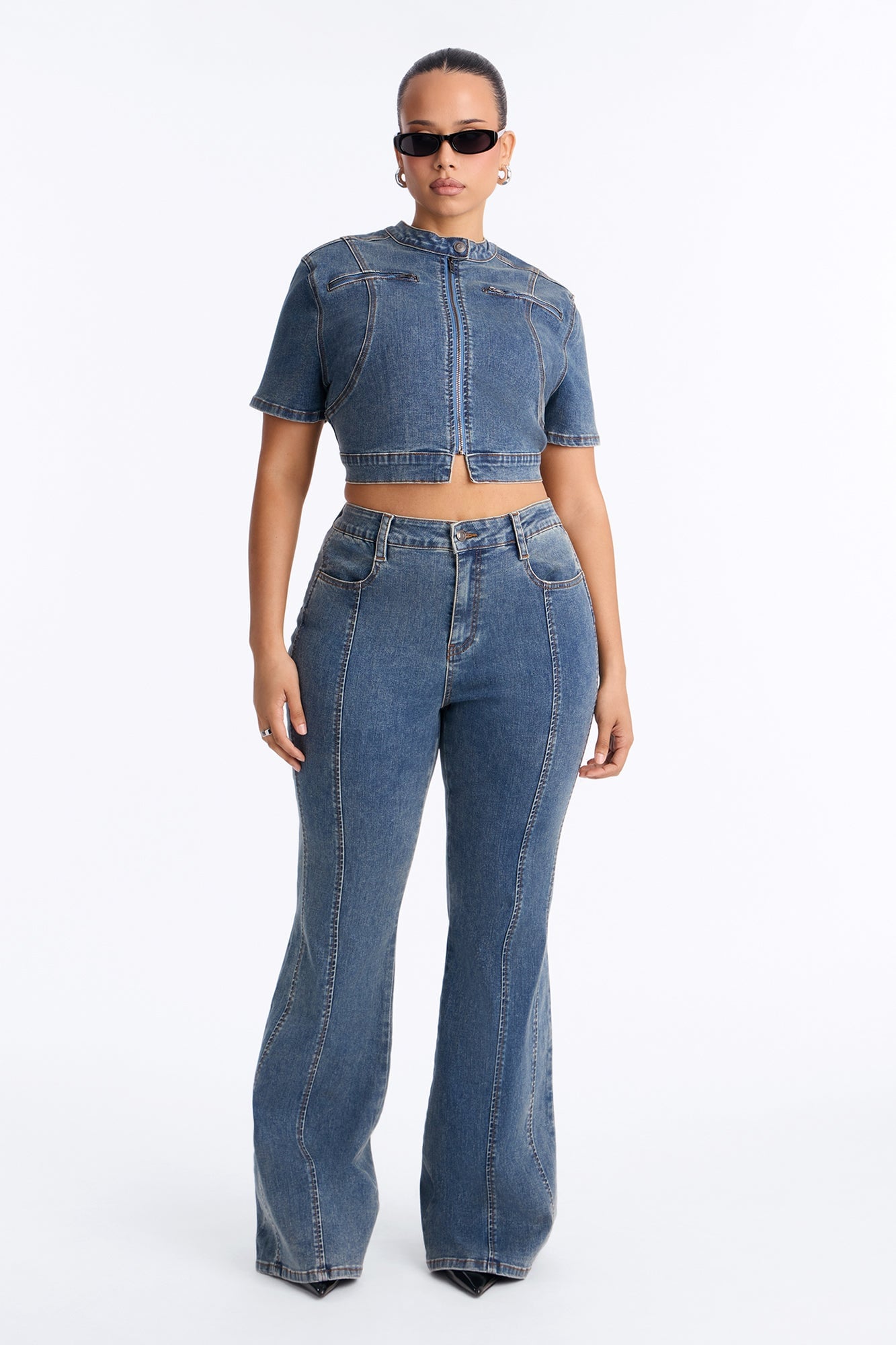 Downtown Days Short Sleeve Denim Pant Set - Medium Wash image 1