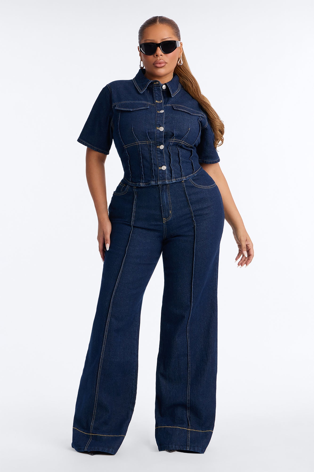 Lorie Denim Short Sleeve Flare Pant Set - DarkWash image 1