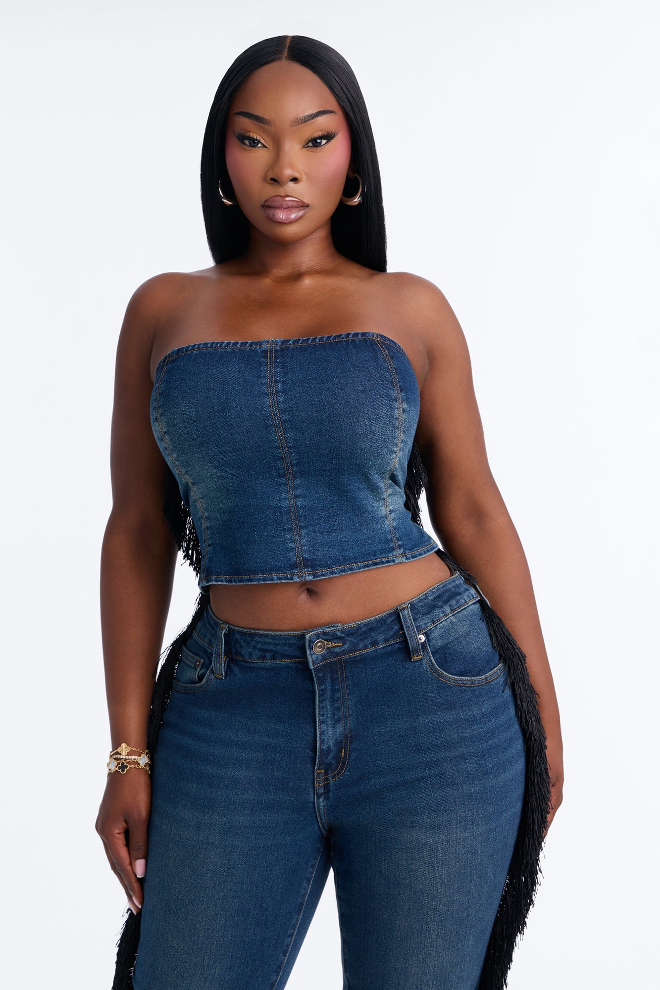 Denim Drama Fringe Pant Set - Dark Wash image 2