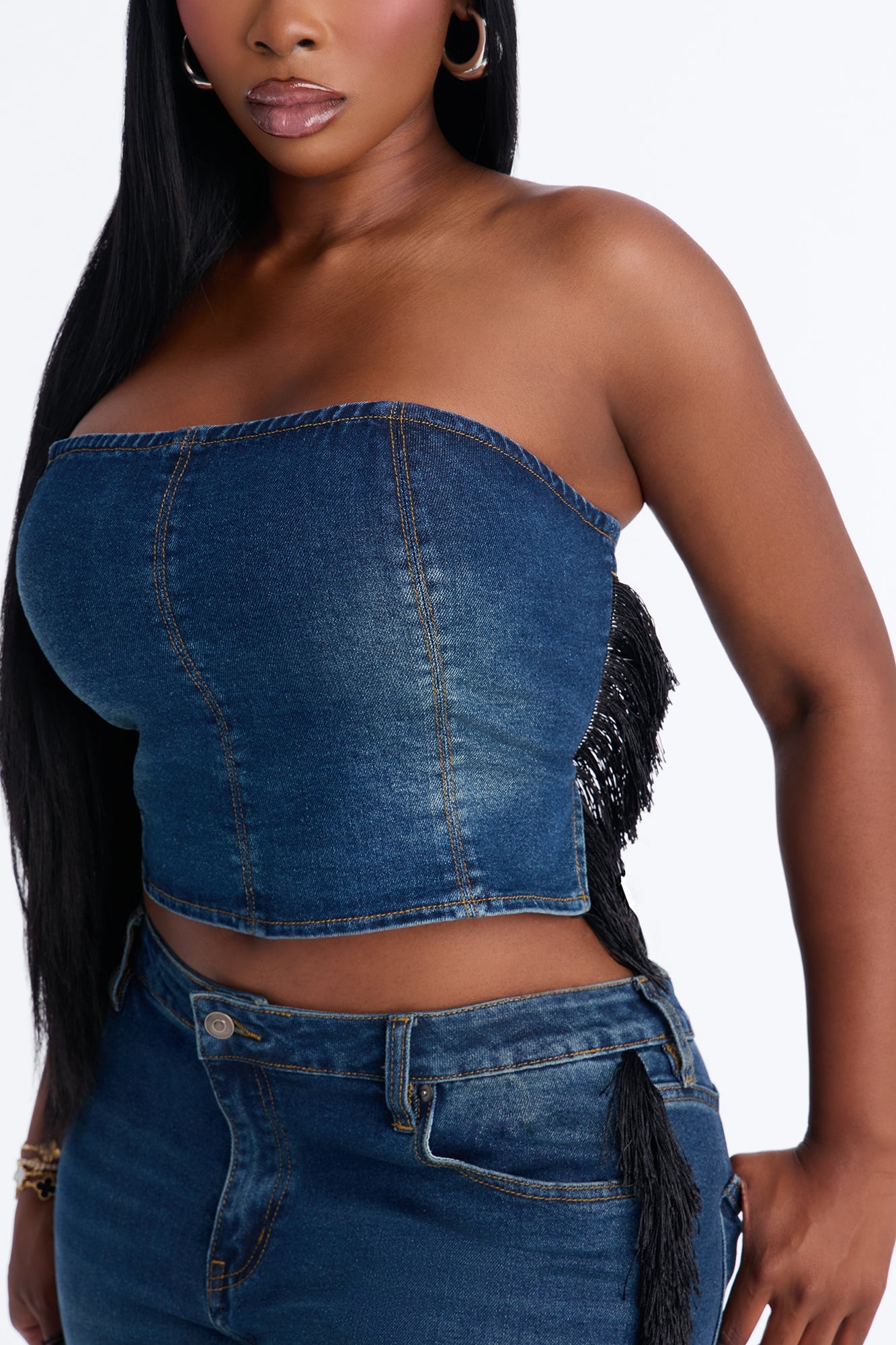 Denim Drama Fringe Pant Set - Dark Wash image 3