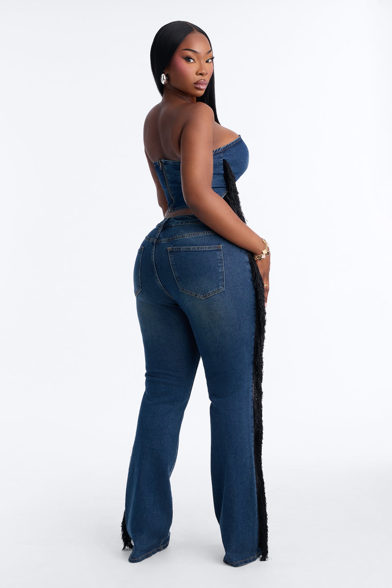 Denim Drama Fringe Pant Set - Dark Wash image 4