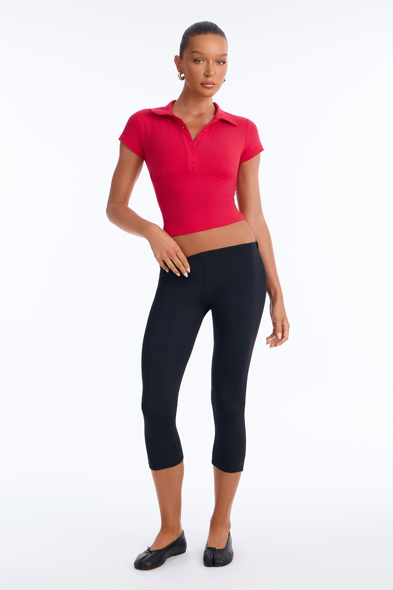 Parker Cinched Waist Short Sleeve Collared Top - Red image 6