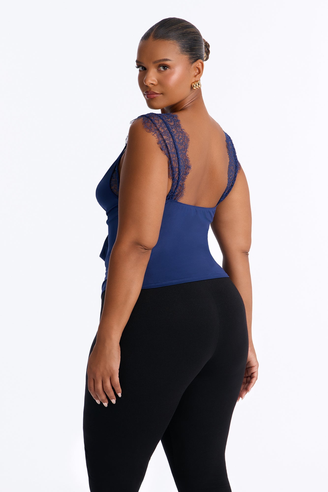 Janet Lace Trim Cowl Tank Top - Navy image 4
