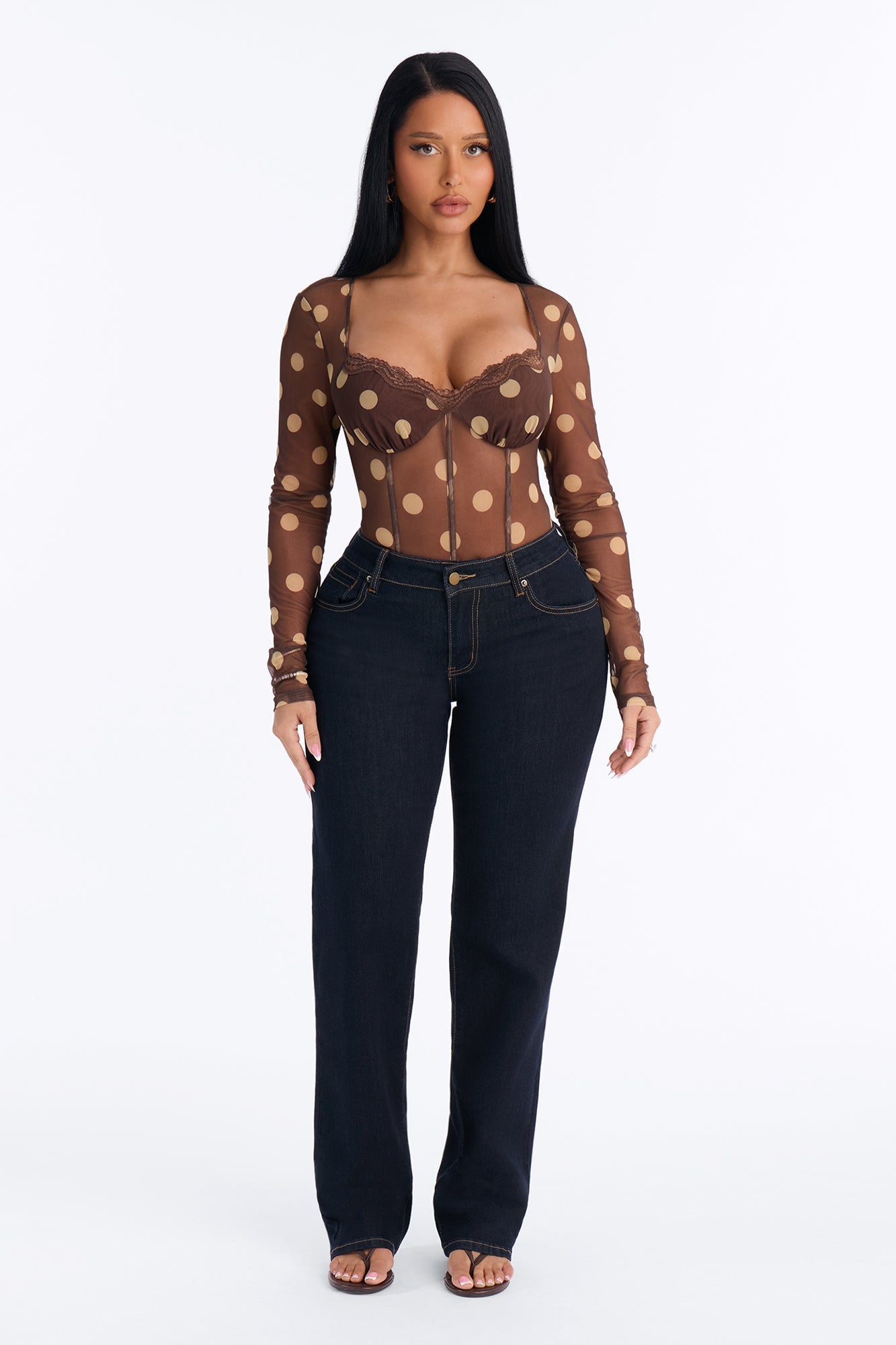 Polka Dot Fantasy Mesh Bodysuit - Brown/combo image 3