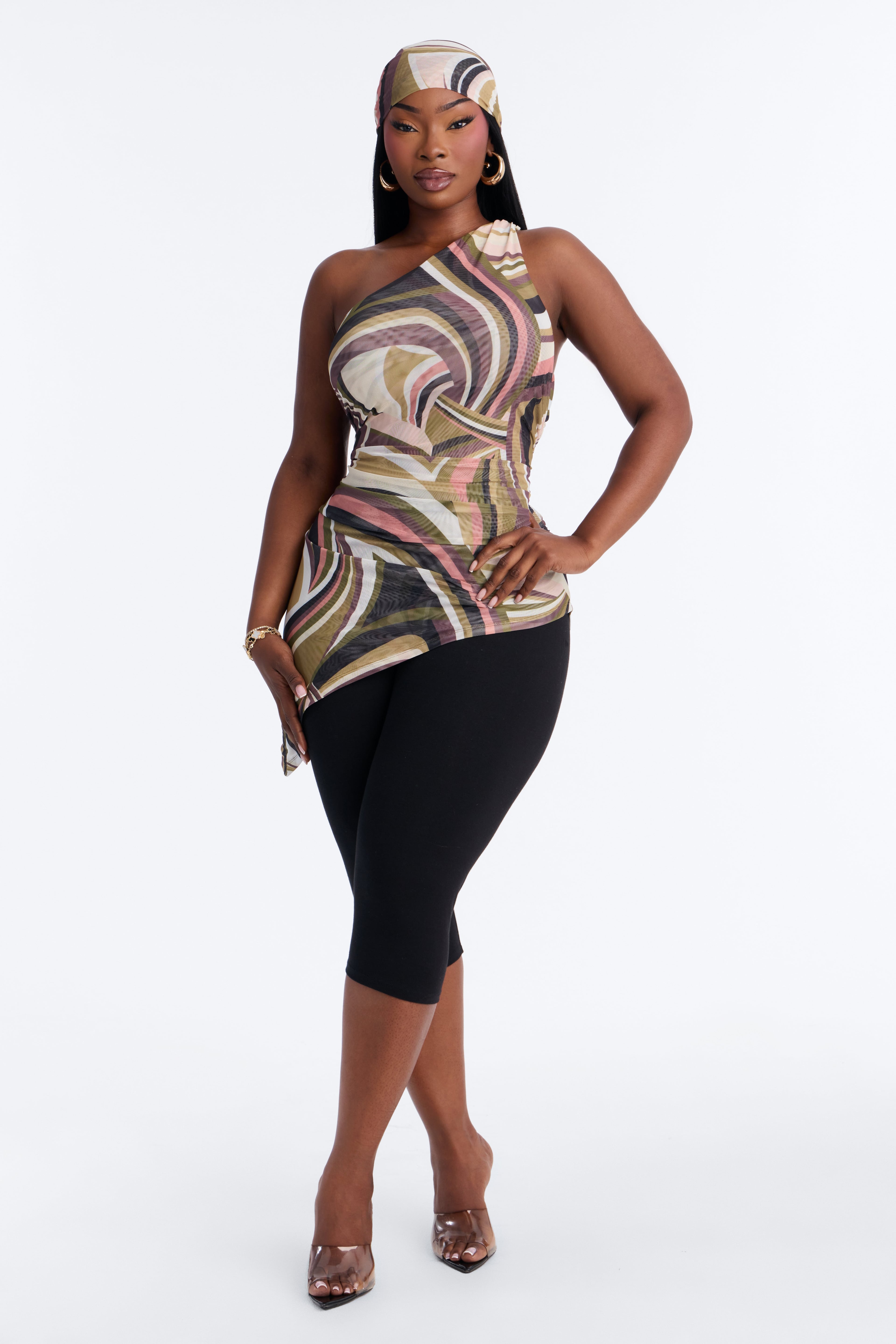 Selena Abstract Mesh Head Scarf and One Shoulder Top - Olive/combo image 2