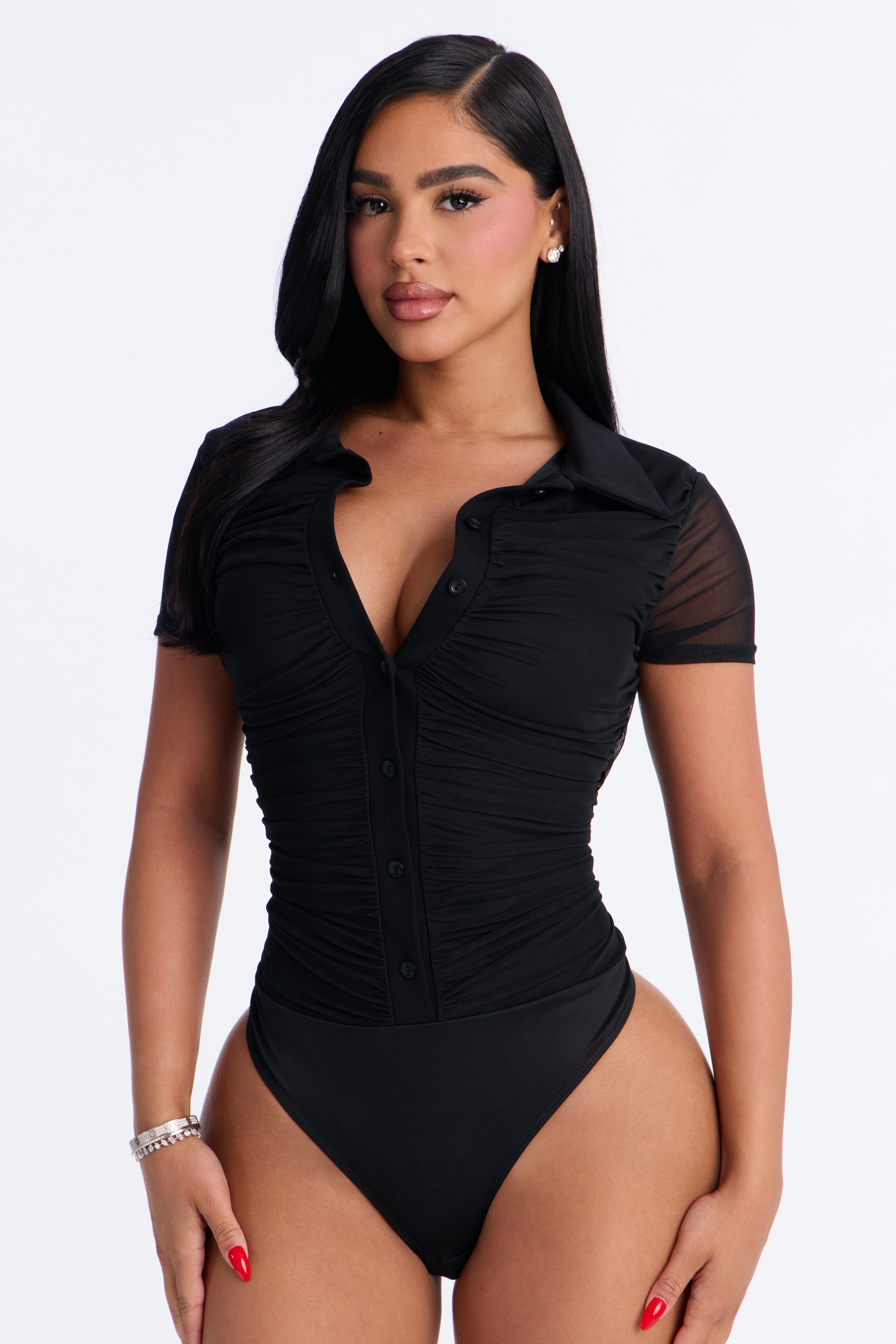 Subliminal Ruched Mesh Short Sleeve Bodysuit - Black image 8