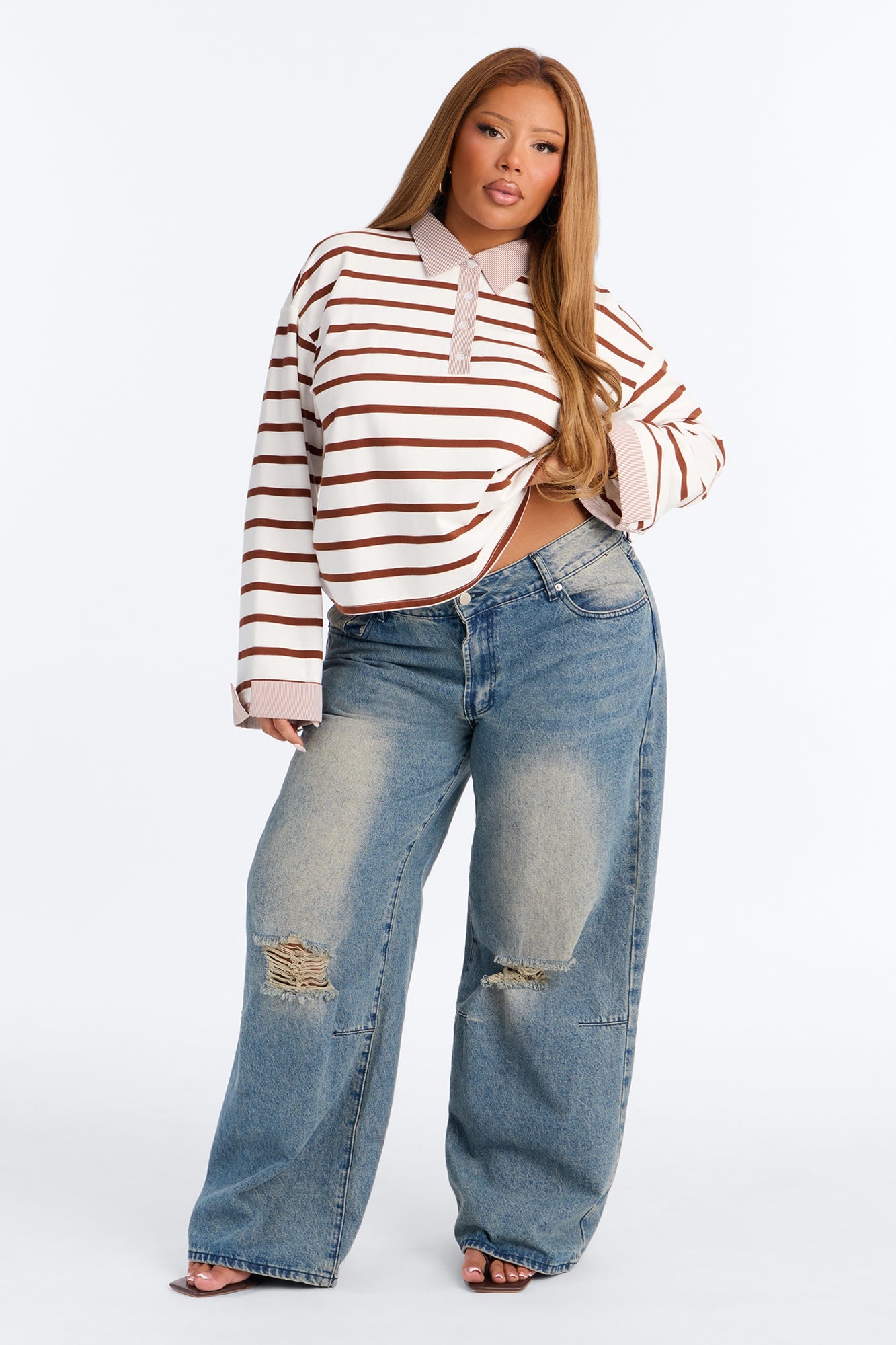 Low Effort Striped Long Sleeve Polo - White/combo image 2