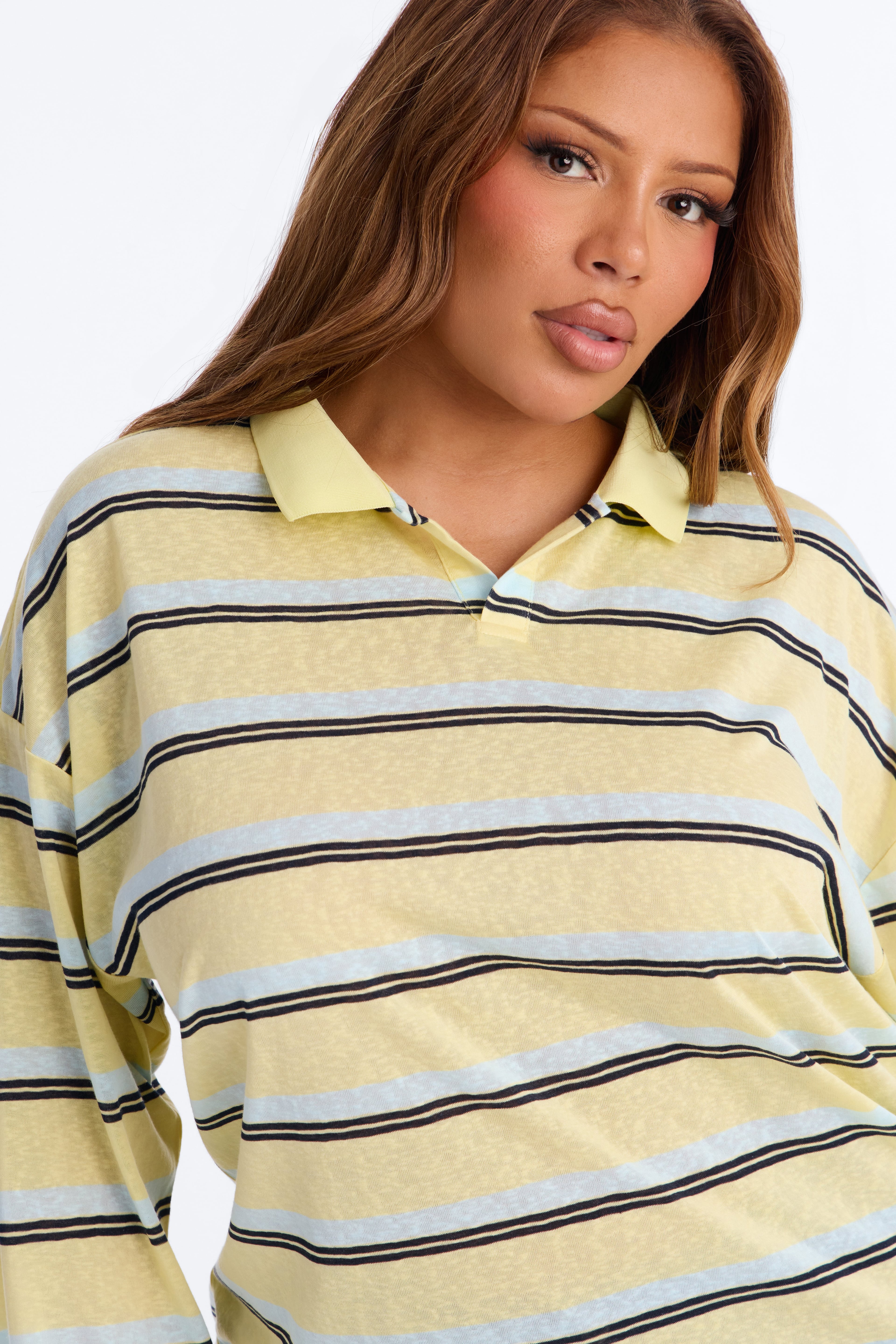 Lora Sheer Striped Long Sleeve Polo - Butter Yellow image 3
