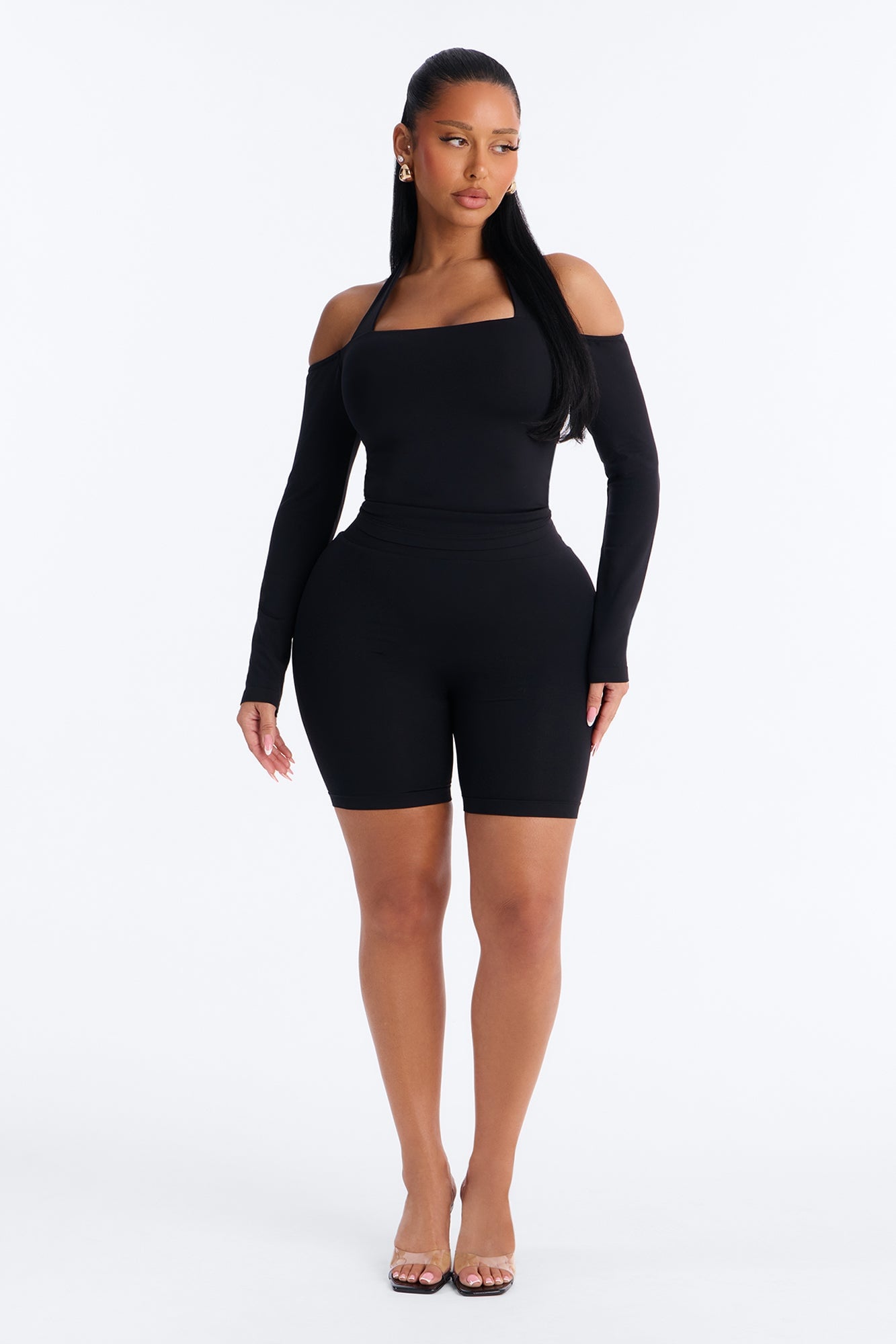 Seamless Smooth Off Shoulder Long Sleeve Halter Top - Black image 6
