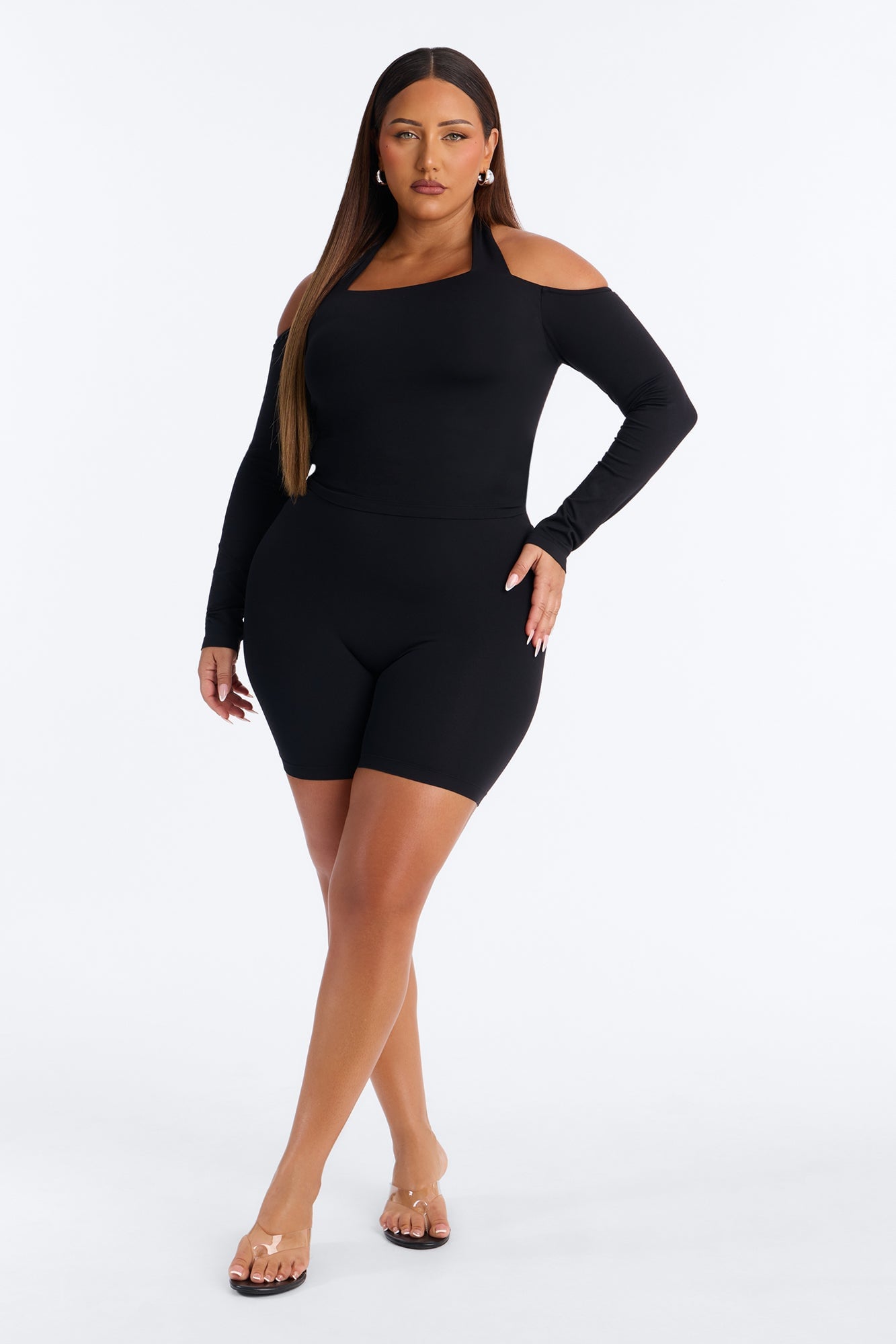 Seamless Smooth Off Shoulder Long Sleeve Halter Top - Black image 2