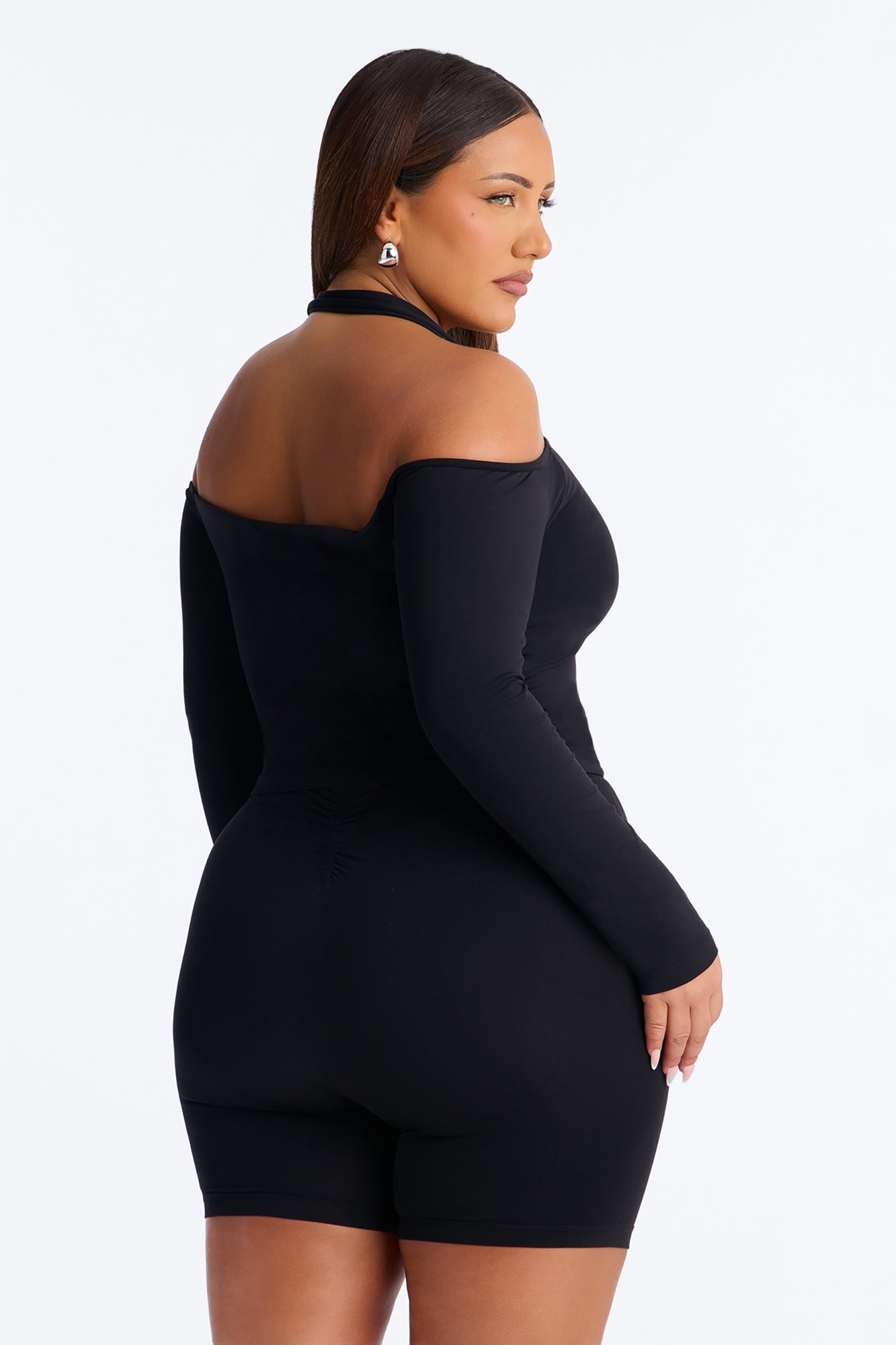 Seamless Smooth Off Shoulder Long Sleeve Halter Top - Black image 3