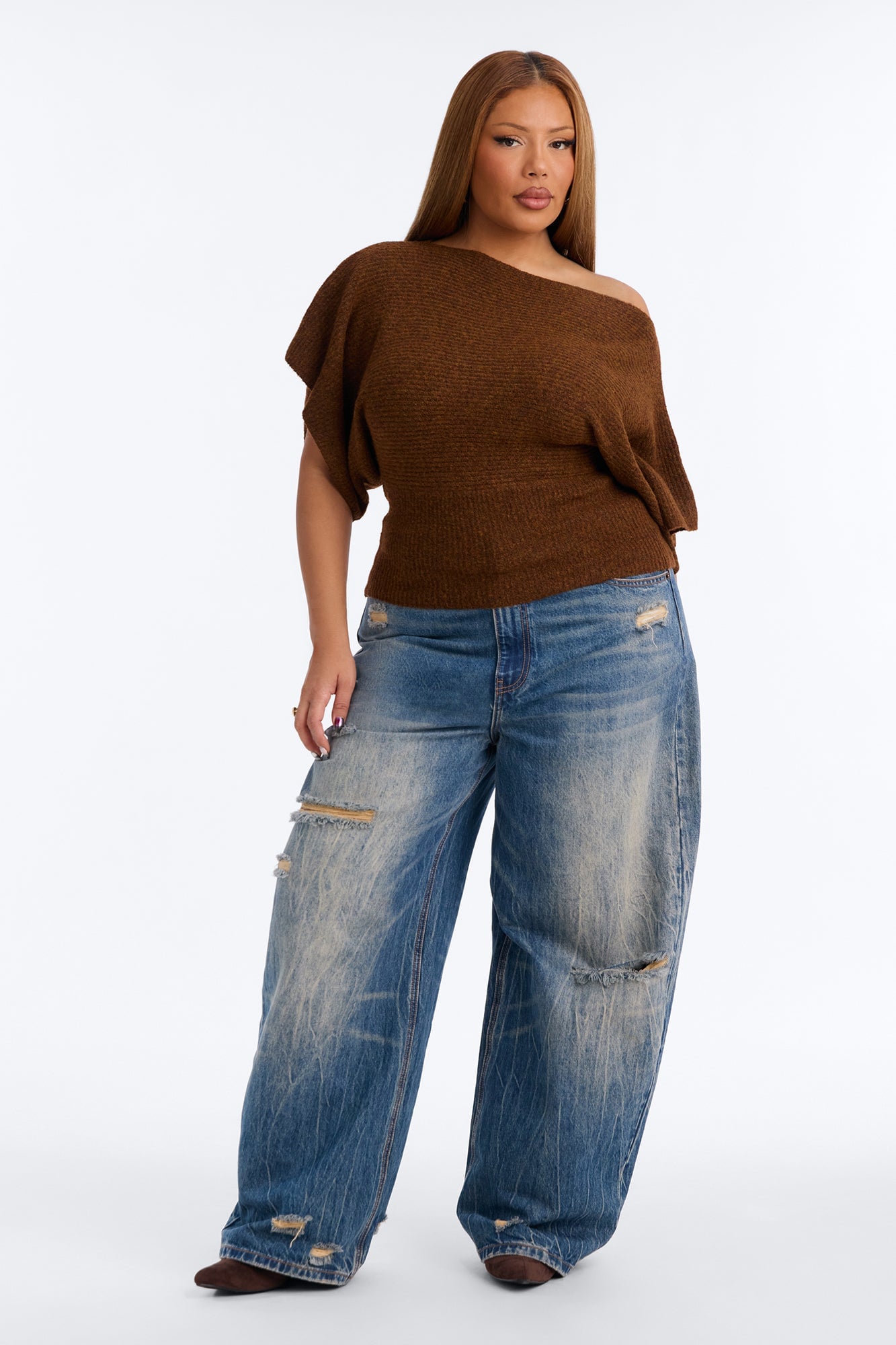 Carol One Shoulder Sweater Top - Brown image 2