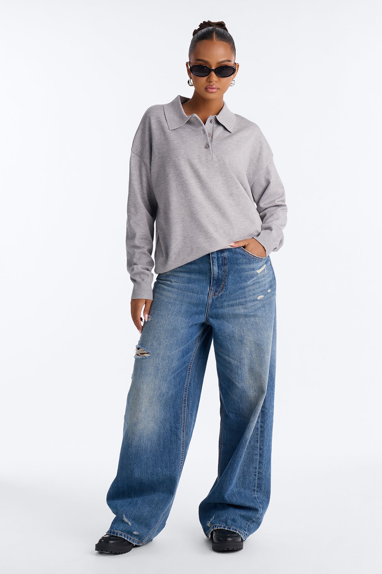 Frankie Relaxed Polo Sweater - Heather Grey image 2