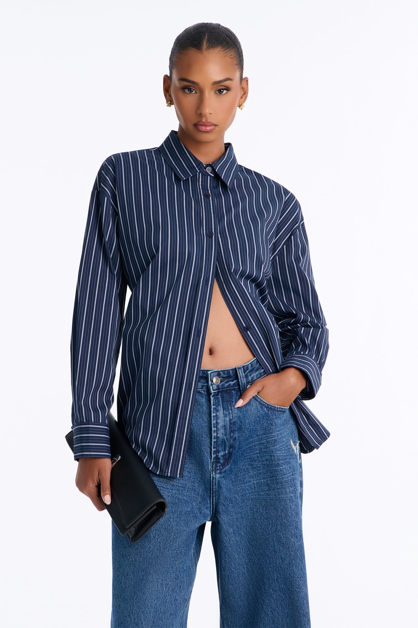 Alia Oversized Striped Button Up Shirt - Navy/combo image 5