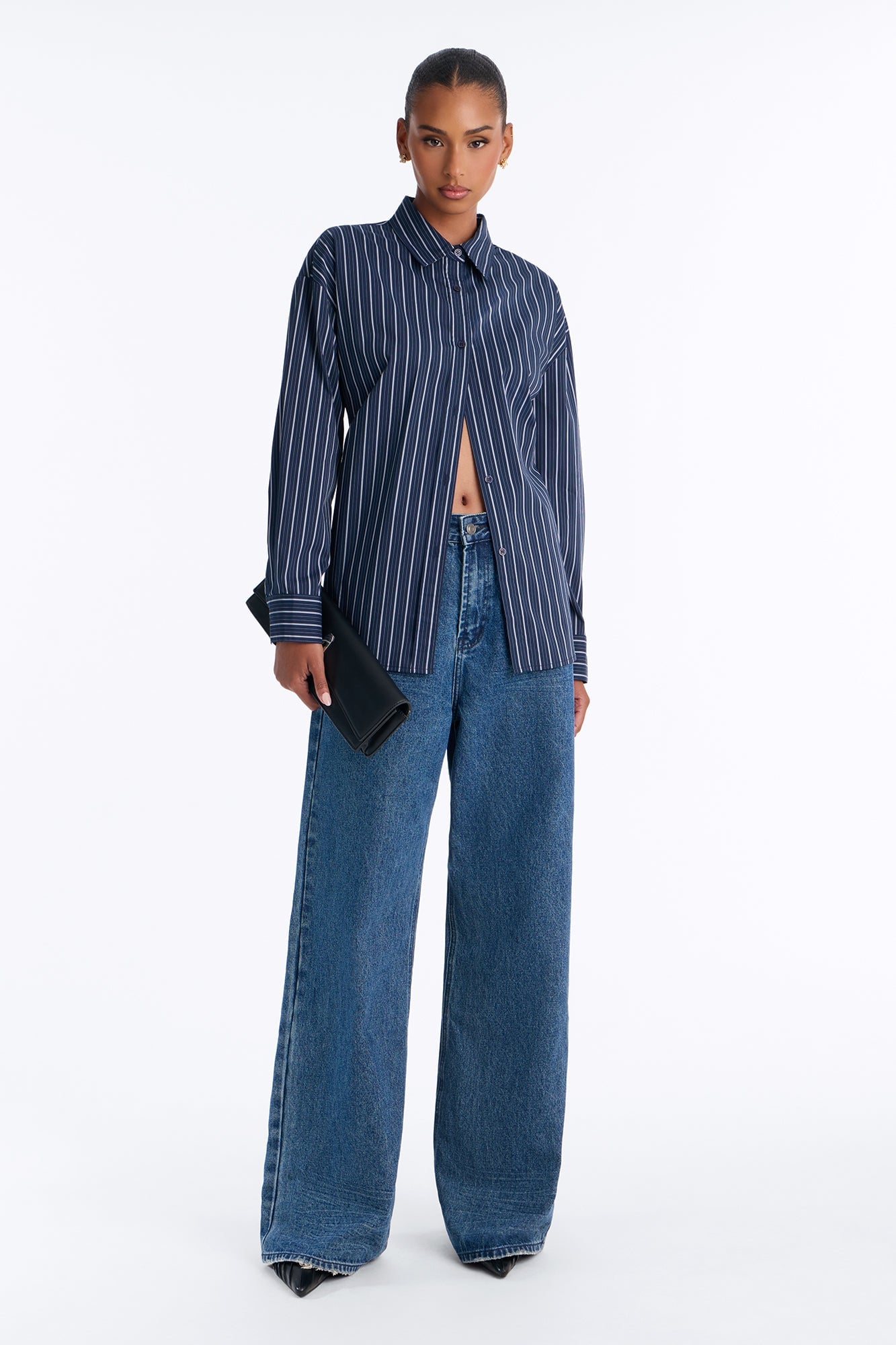 Alia Oversized Striped Button Up Shirt - Navy/combo image 6