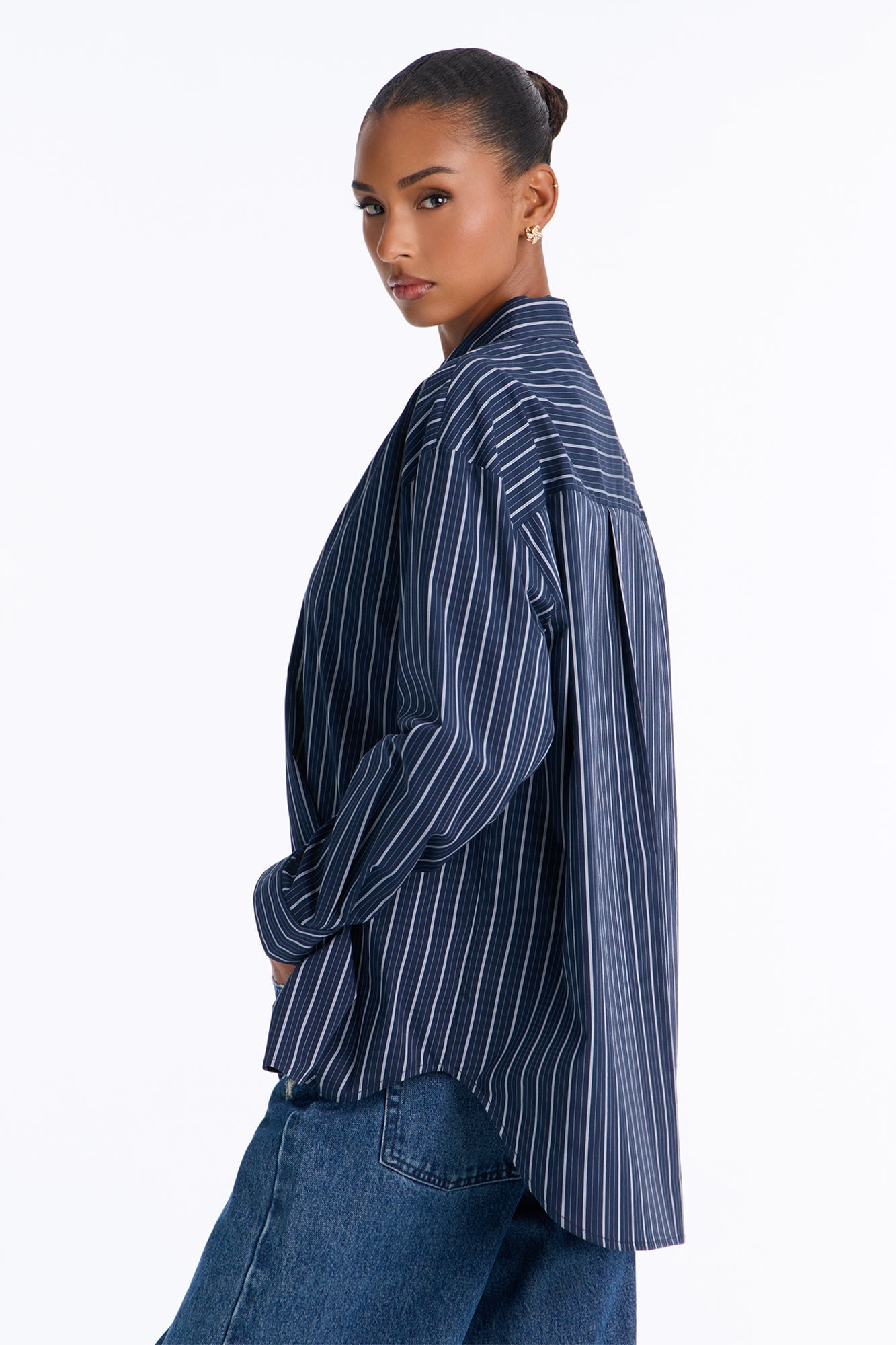 Alia Oversized Striped Button Up Shirt - Navy/combo image 8