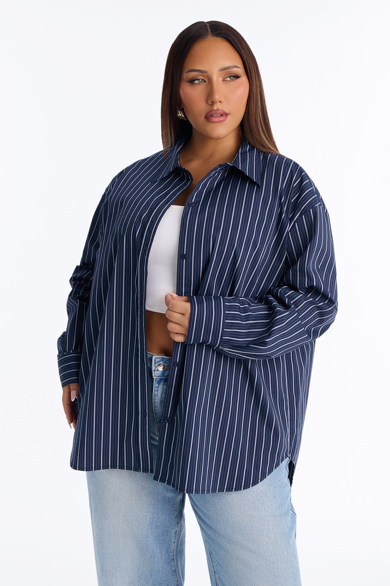 Alia Oversized Striped Button Up Shirt - Navy/combo image 1