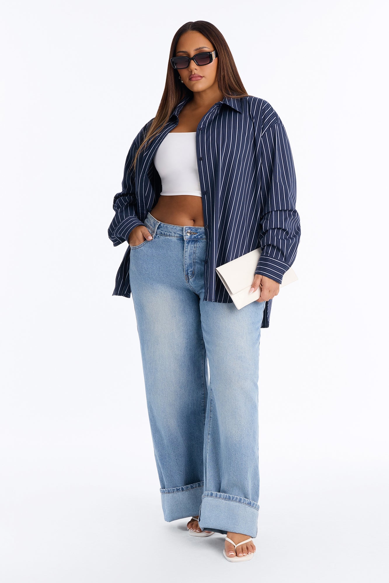 Alia Oversized Striped Button Up Shirt - Navy/combo image 2