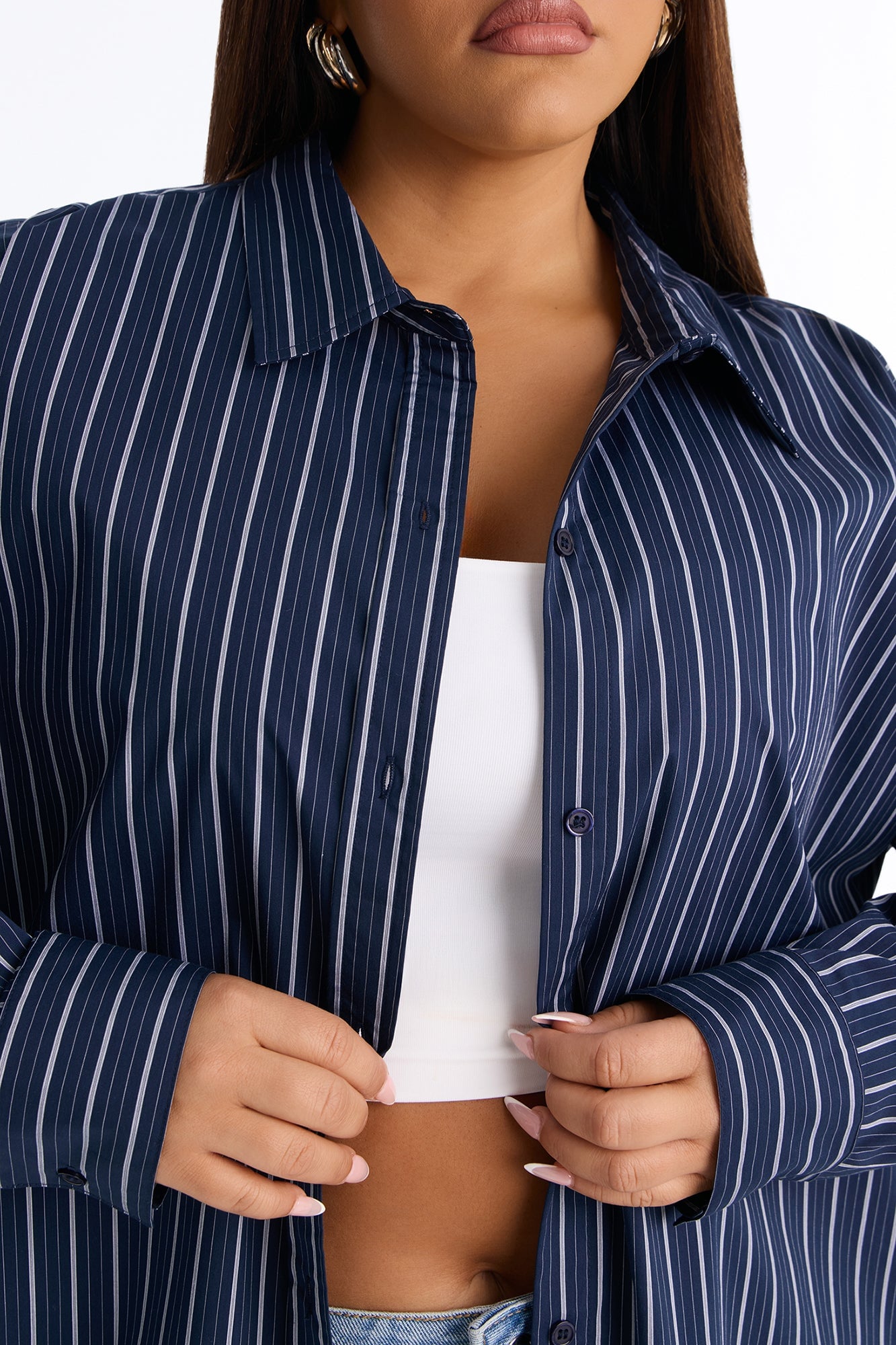 Alia Oversized Striped Button Up Shirt - Navy/combo image 3