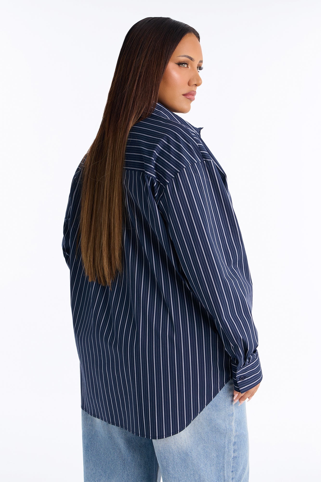 Alia Oversized Striped Button Up Shirt - Navy/combo image 4