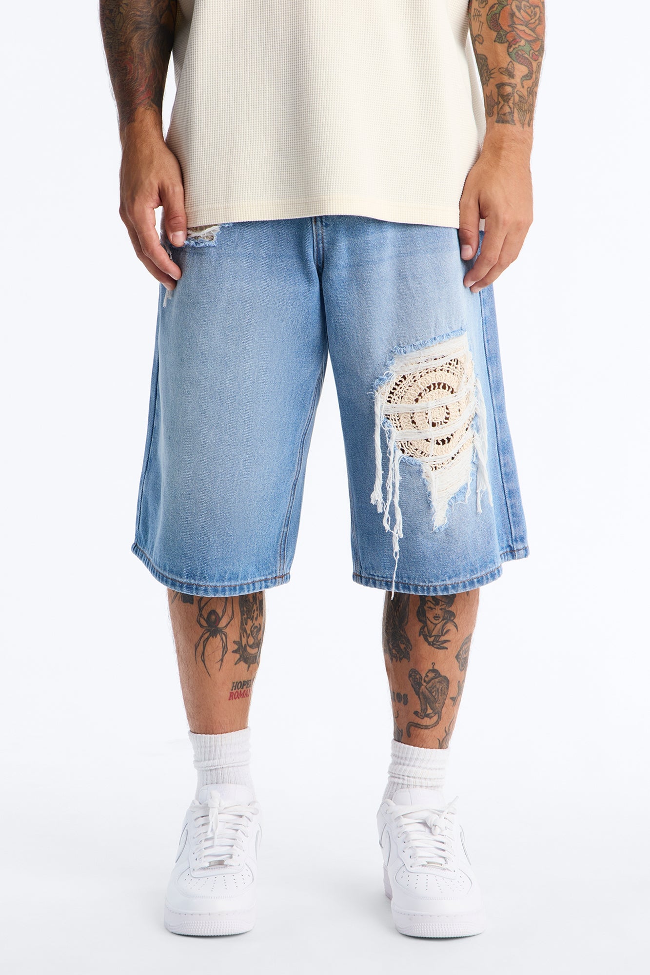 Crochet Cut Baggy Short - Light Blue Wash image 6
