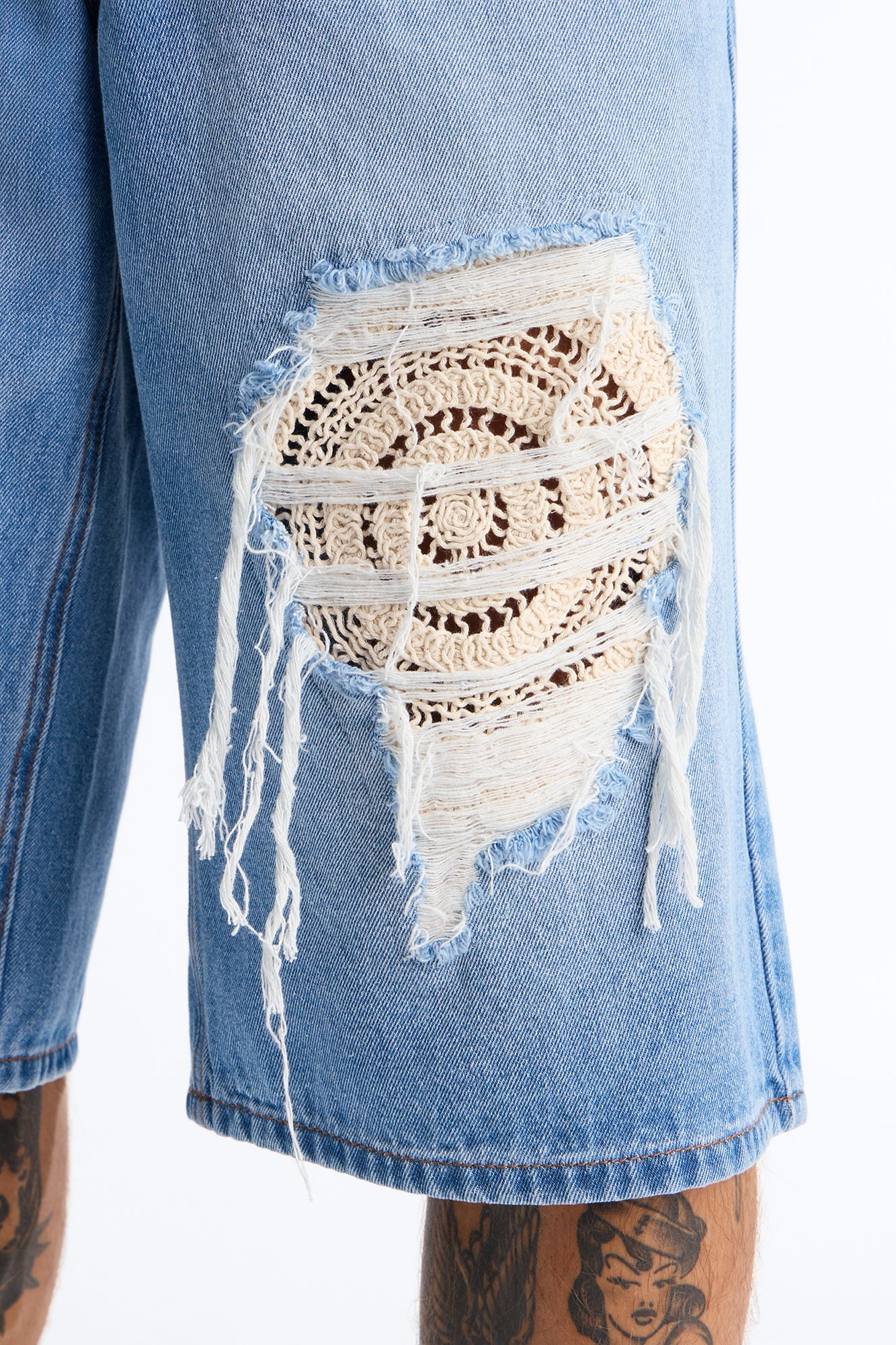 Crochet Cut Baggy Short - Light Blue Wash image 9