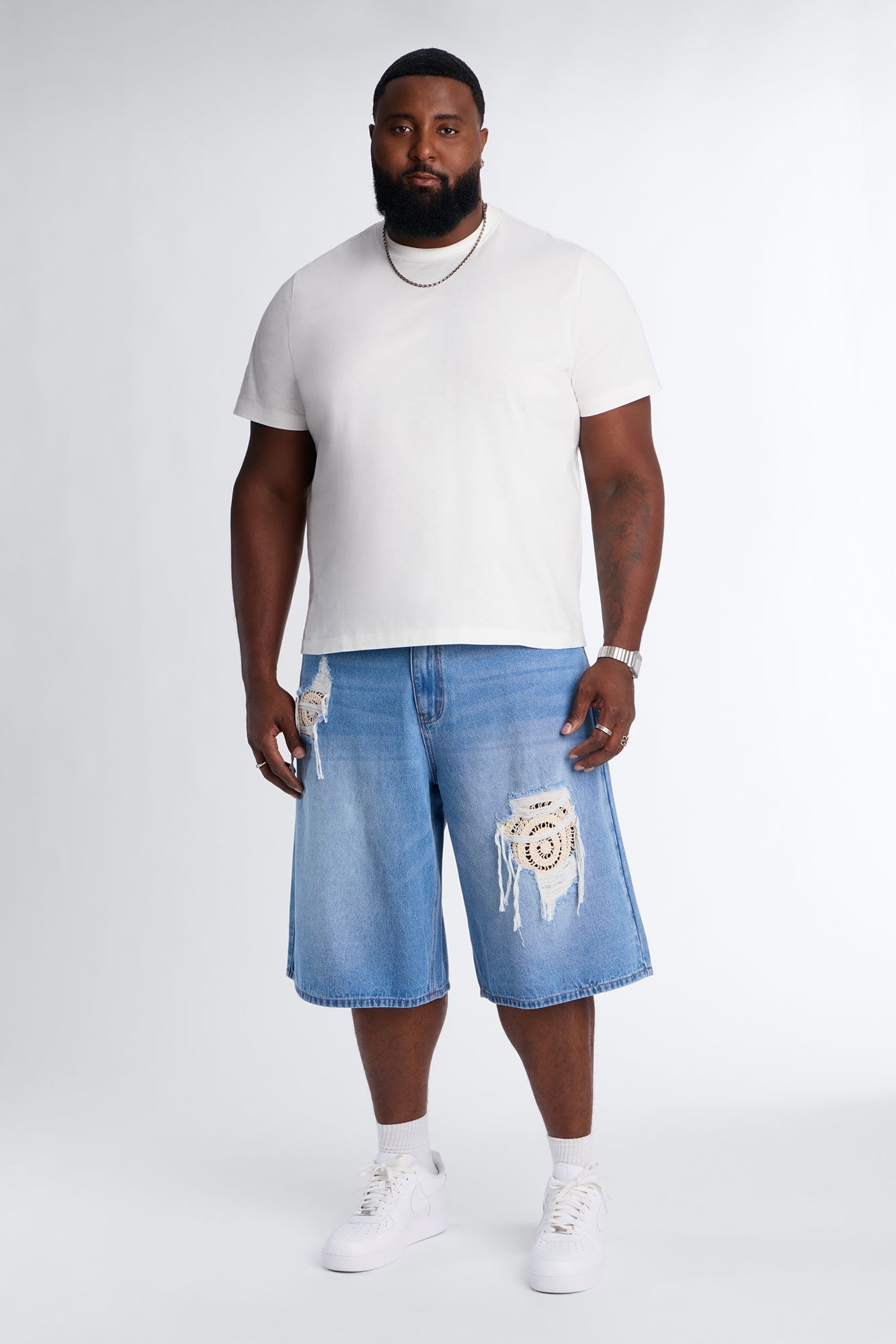 Crochet Cut Baggy Short - Light Blue Wash image 2
