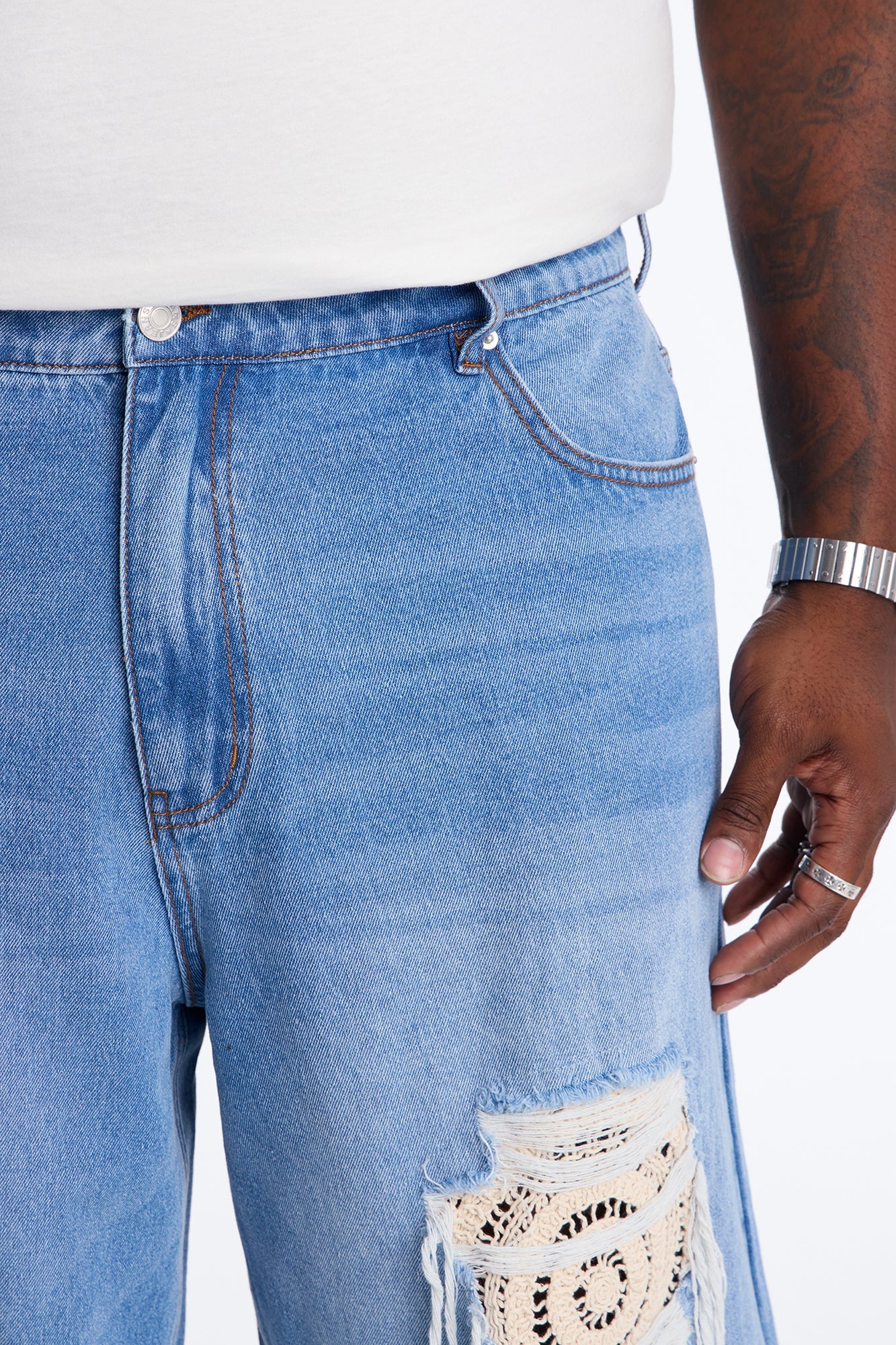 Crochet Cut Baggy Short - Light Blue Wash image 3