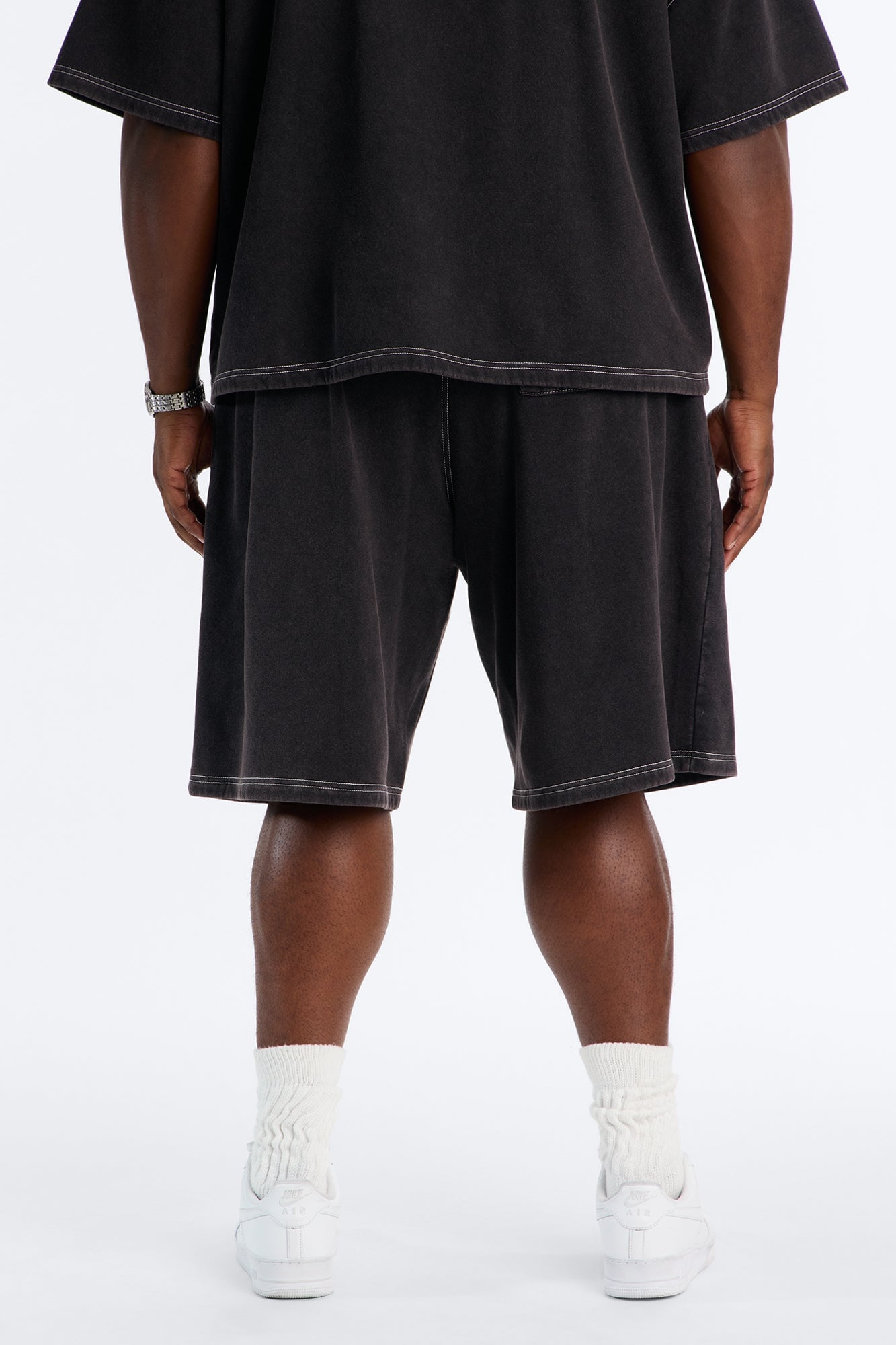 Kai Washed Contrast Stitch Baggy Sweatshort - Black image 4