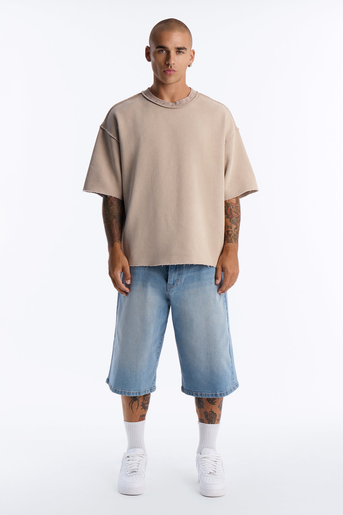 Oversized Punk Washed Raw Edge Studded Fleece Tee - Stone image 6