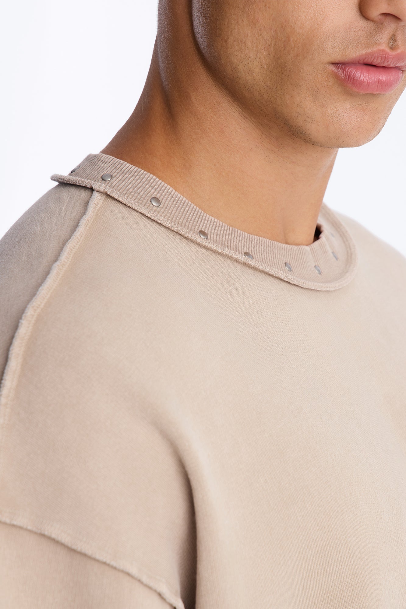 Oversized Punk Washed Raw Edge Studded Fleece Tee - Stone image 7