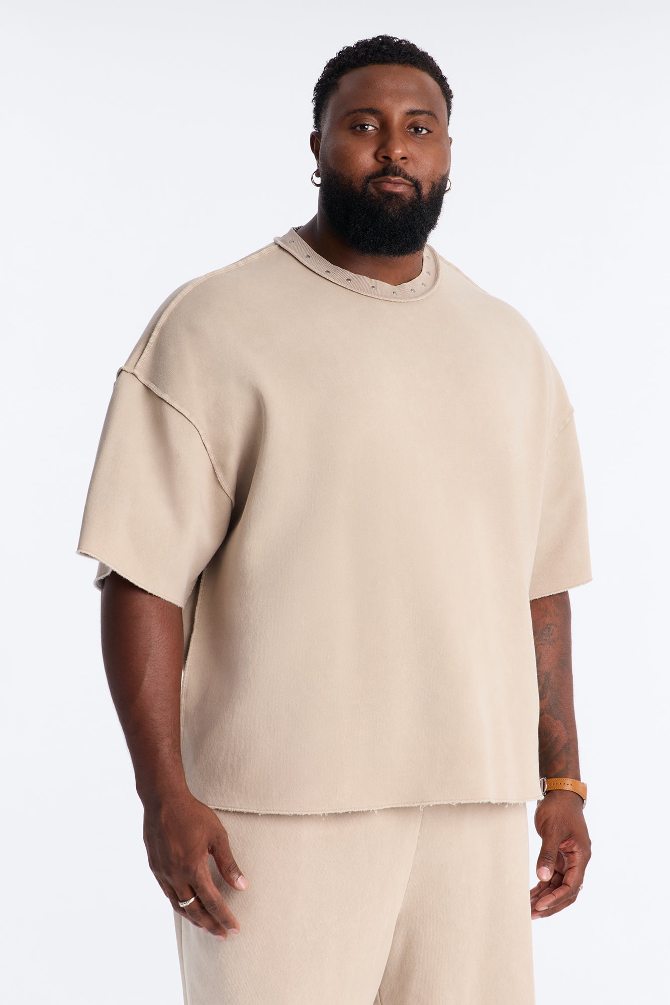 Oversized Punk Washed Raw Edge Studded Fleece Tee - Stone image 1