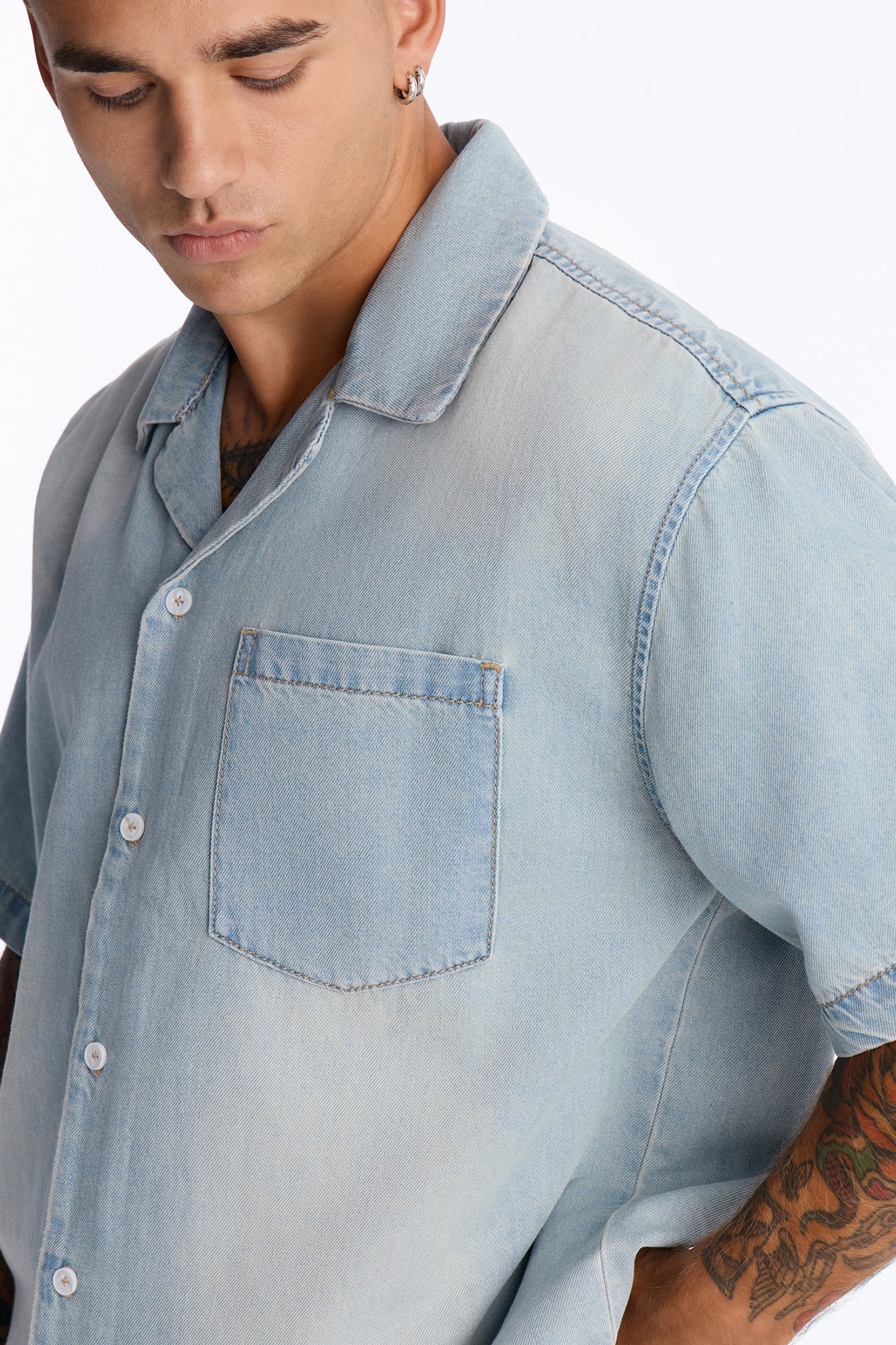 Everyday Hemp Relaxed Cuban Collar Denim Shirt - Light Blue Wash image 7