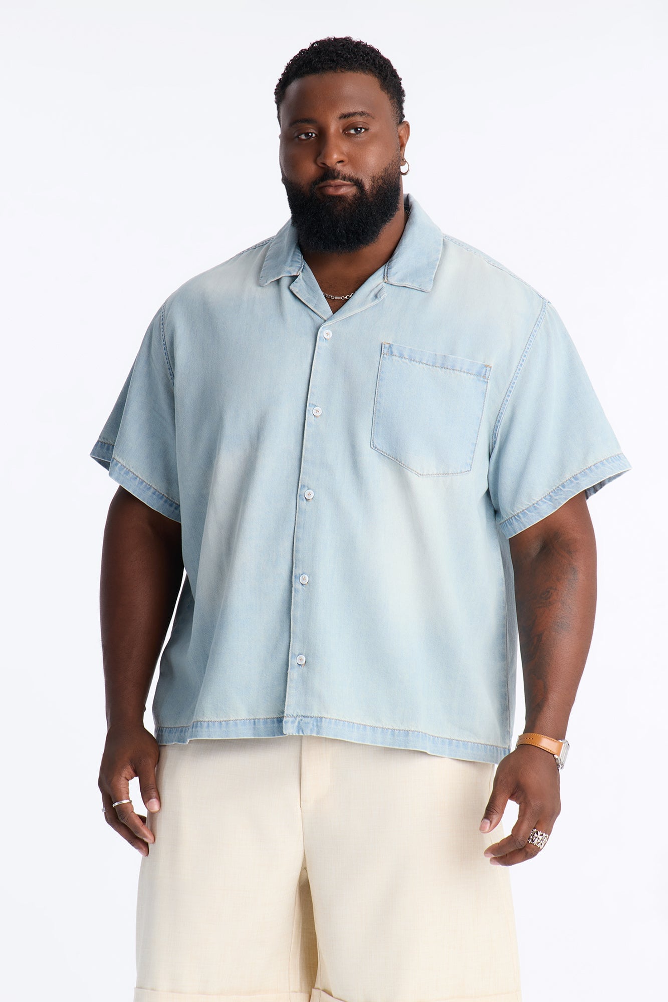 Everyday Hemp Relaxed Cuban Collar Denim Shirt - Light Blue Wash image 1
