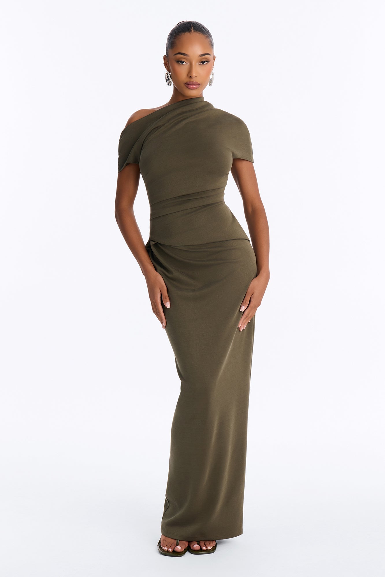 Hayli Off Shoulder Ruched Maxi Dress - Olive image 5