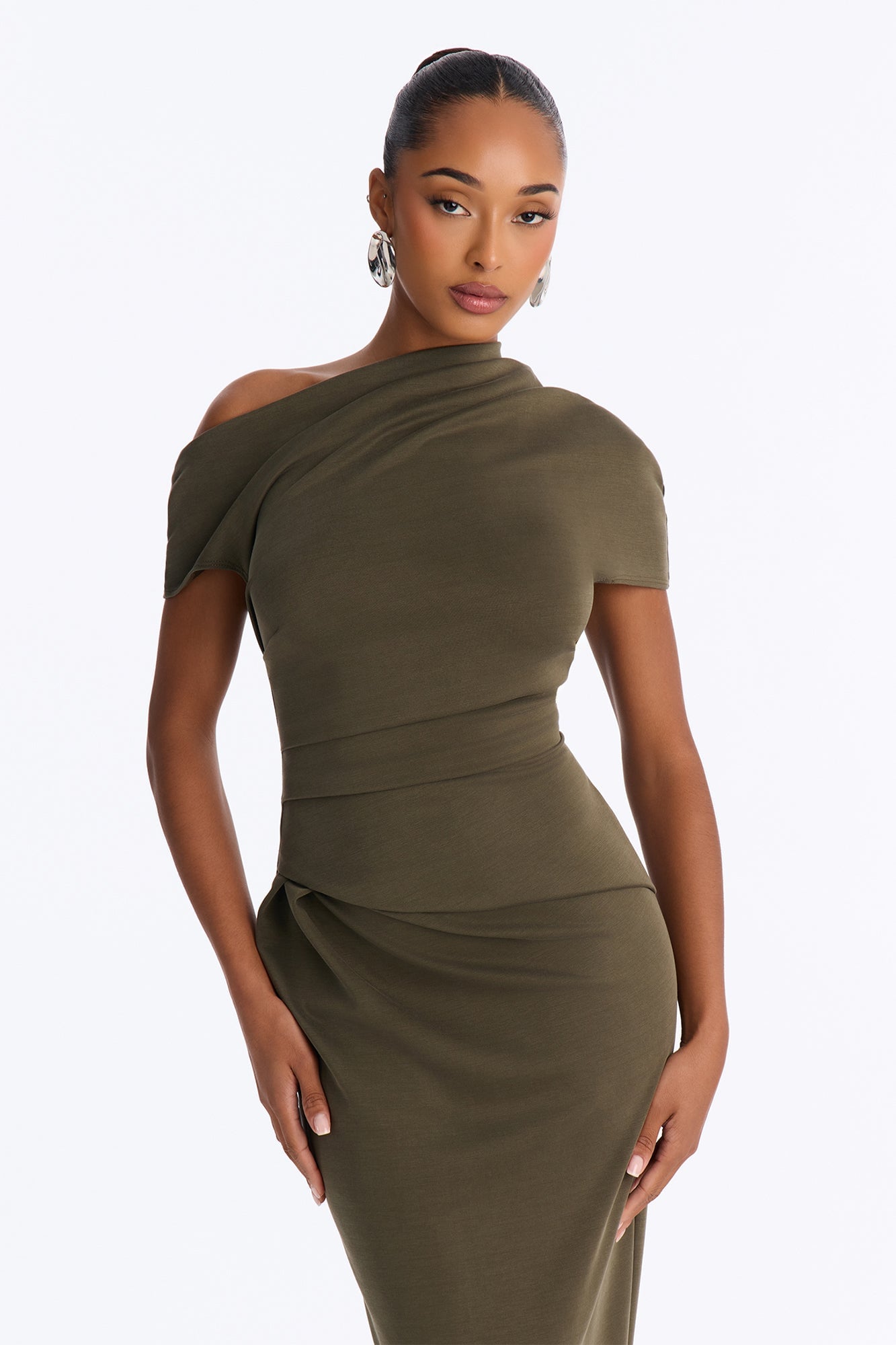 Hayli Off Shoulder Ruched Maxi Dress - Olive image 6