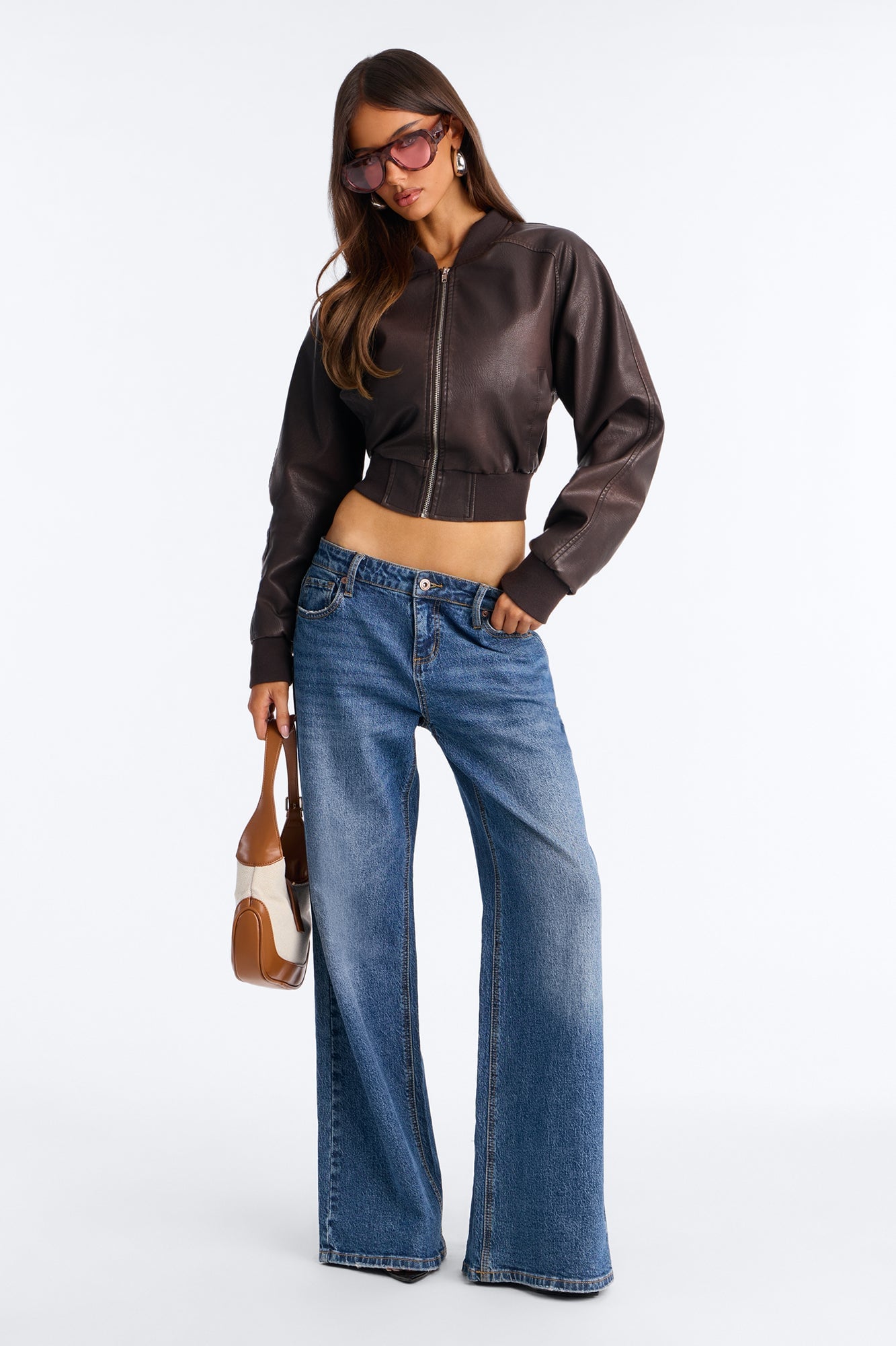 Reese Cropped Faux Leather Bomber Jacket - Chocolate image 8
