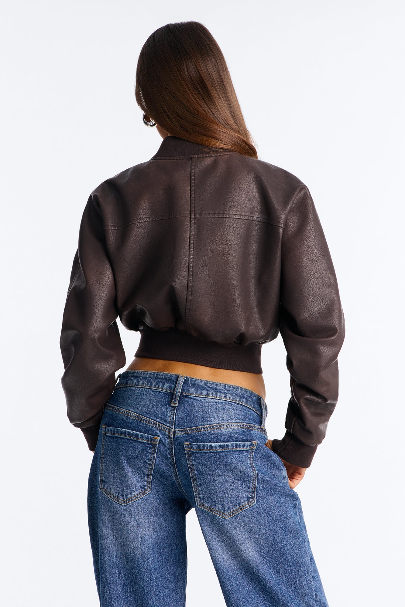 Reese Cropped Faux Leather Bomber Jacket - Chocolate image 10