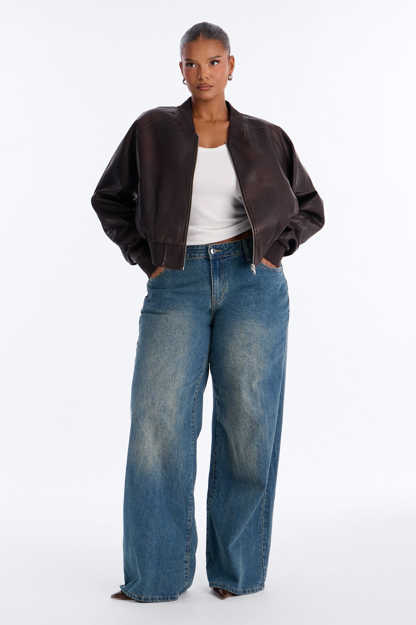 Reese Cropped Faux Leather Bomber Jacket - Chocolate image 2